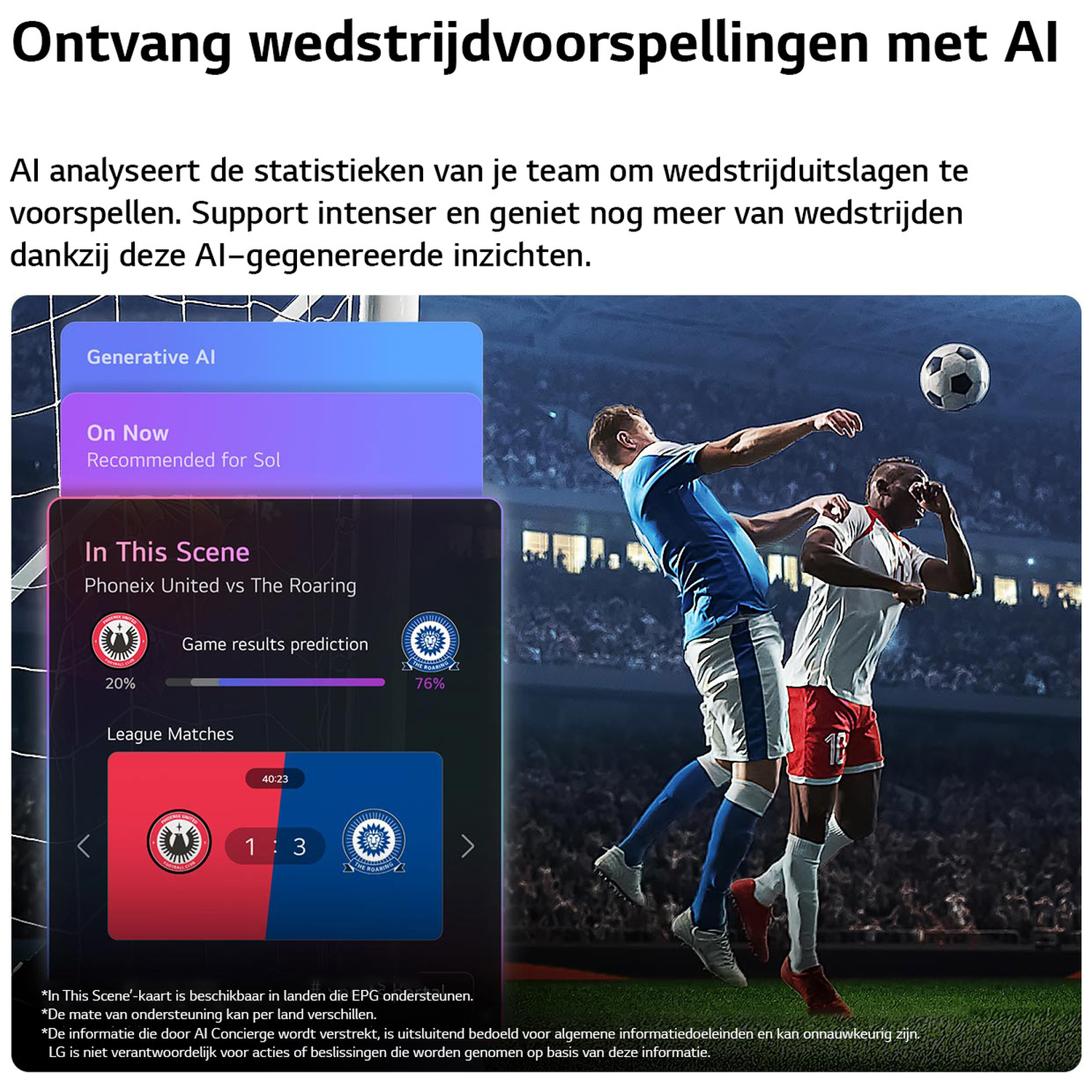 Twee voetballers springen naar de bal. Een AI-interface toont spelvoorspellingen.