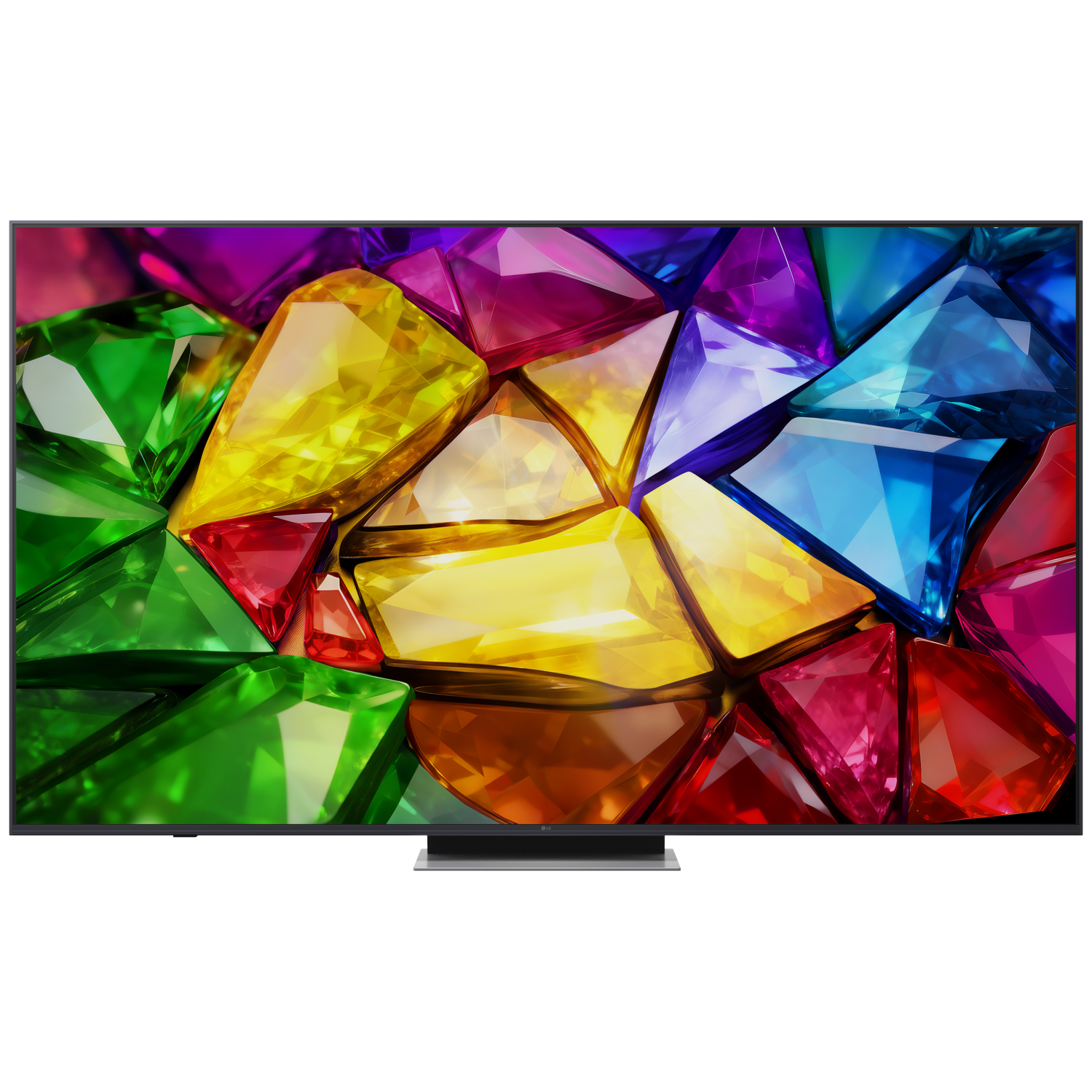 Een televisie toont een kleurrijk mozaïek van geslepen edelstenen in groen, geel, rood en blauw.