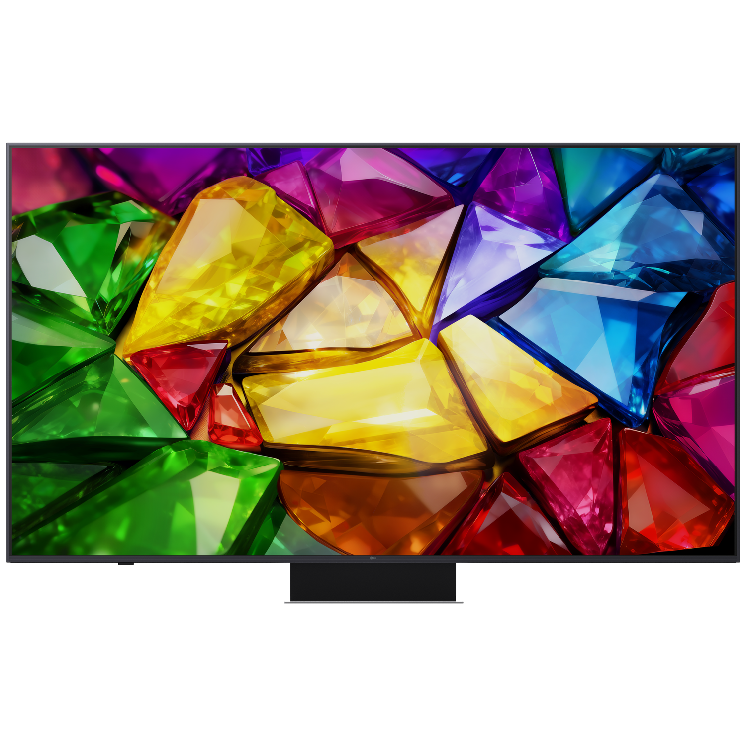 Een tv-scherm toont talrijke facetten, kleurrijke edelstenen in rood, groen, geel en blauw.