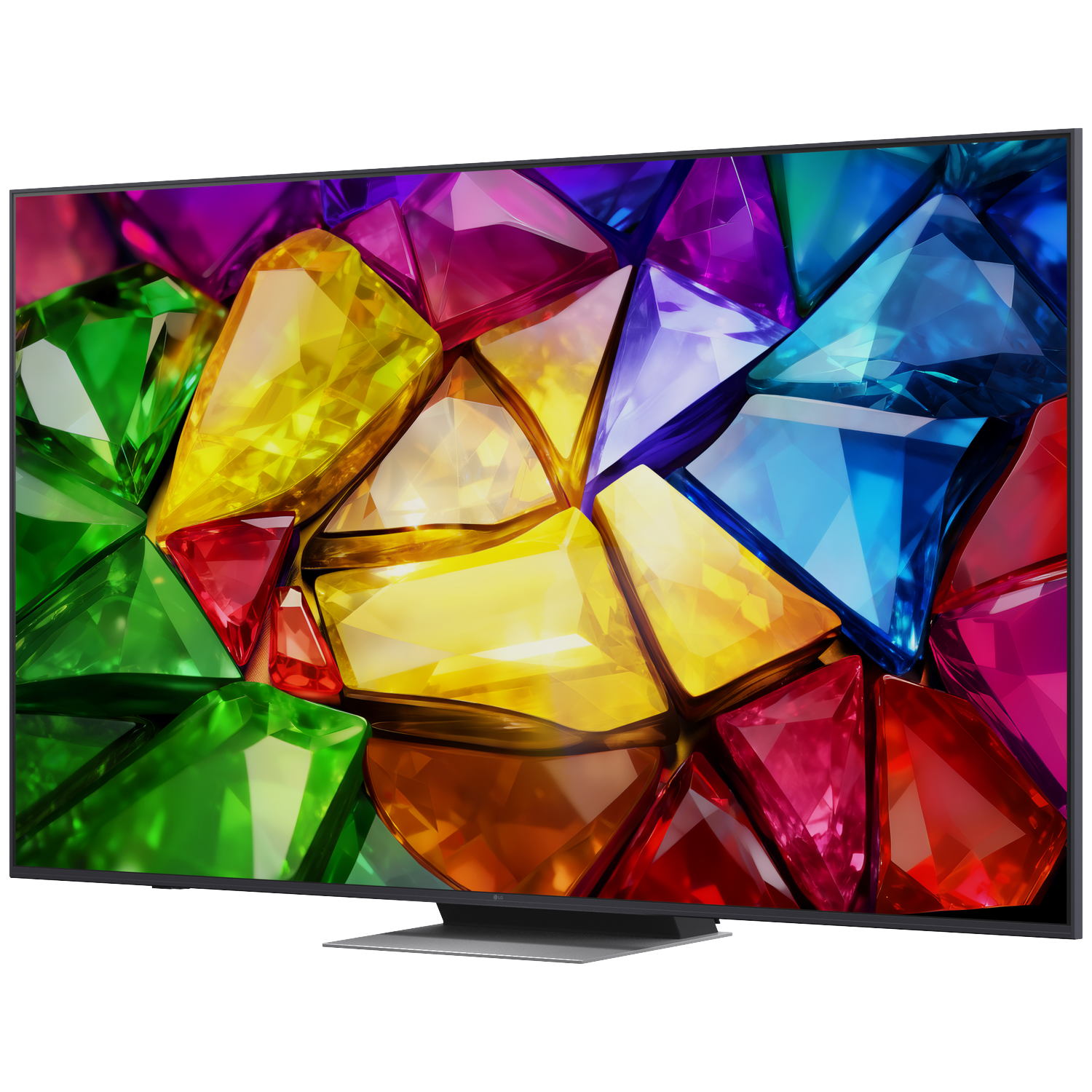 Een moderne tv toont een levendig, abstract beeld van kleurrijke, geslepen edelstenen.