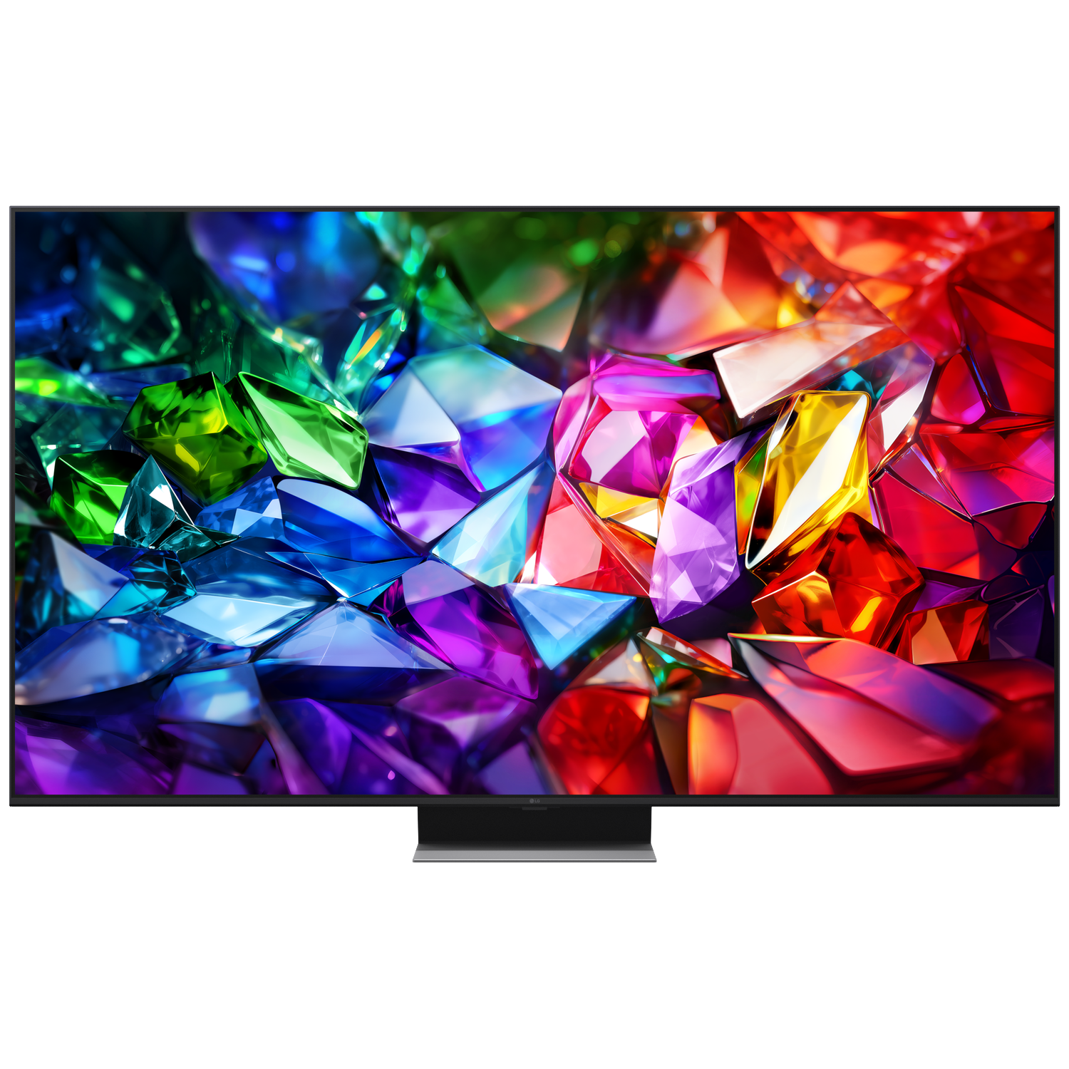 A modern television displays a vibrant abstract image of colorful, geometric crystal shapes.