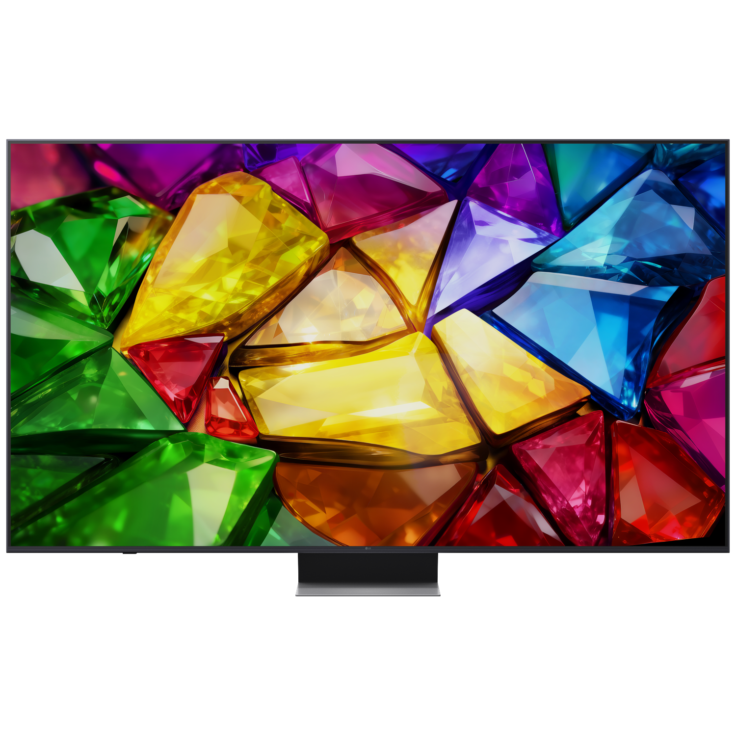Een moderne tv toont een caleidoscoop van kleurrijke, gefacetteerde edelstenen.