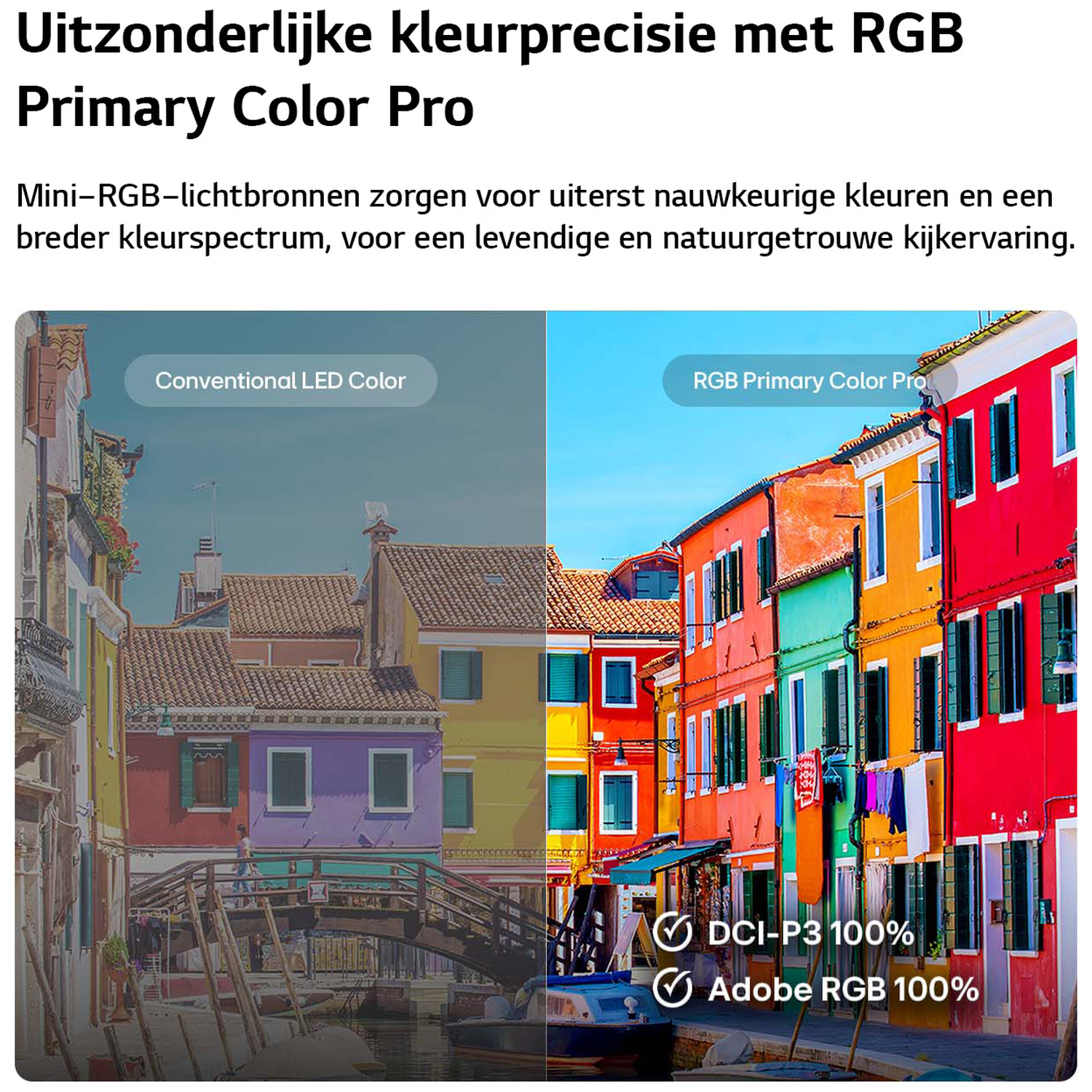 Gesplitste afbeelding: conventionele LED-kleur versus RGB Primary Color Pro met kleurrijke gebouwen.