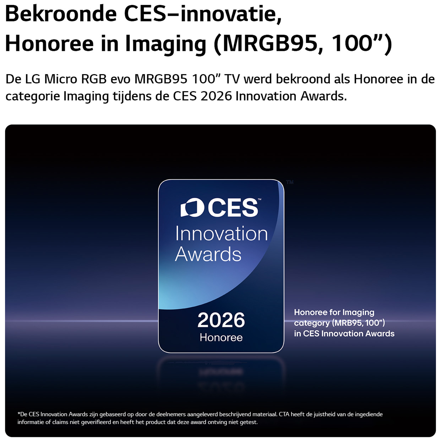 LG Micro RGB evo MRGB95 100” TV is a Honoree in the Imaging category at the CES 2026 Innovation Awards.