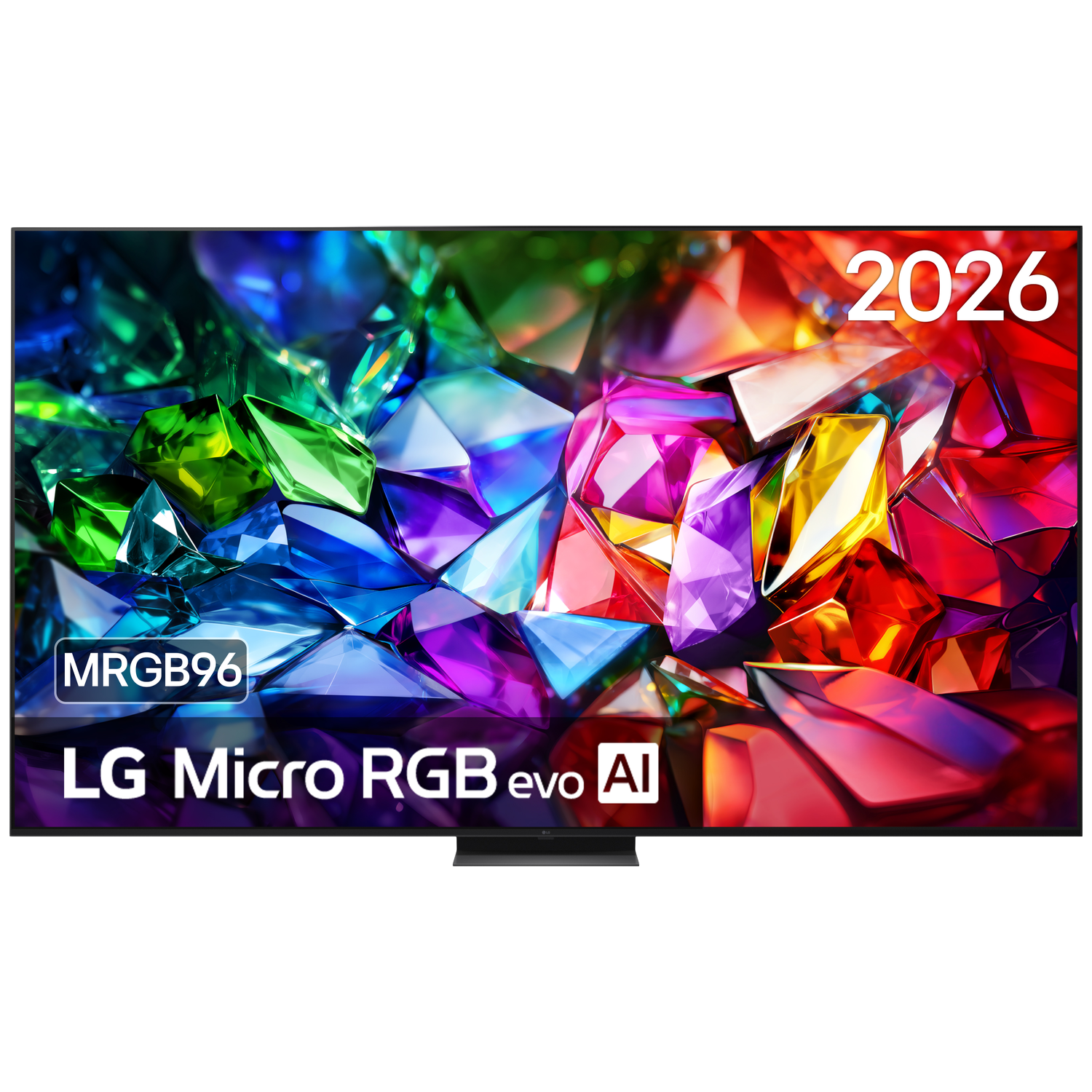 LG Micro RGB evo AI TV displays abstract colorful crystals and the year 2026.