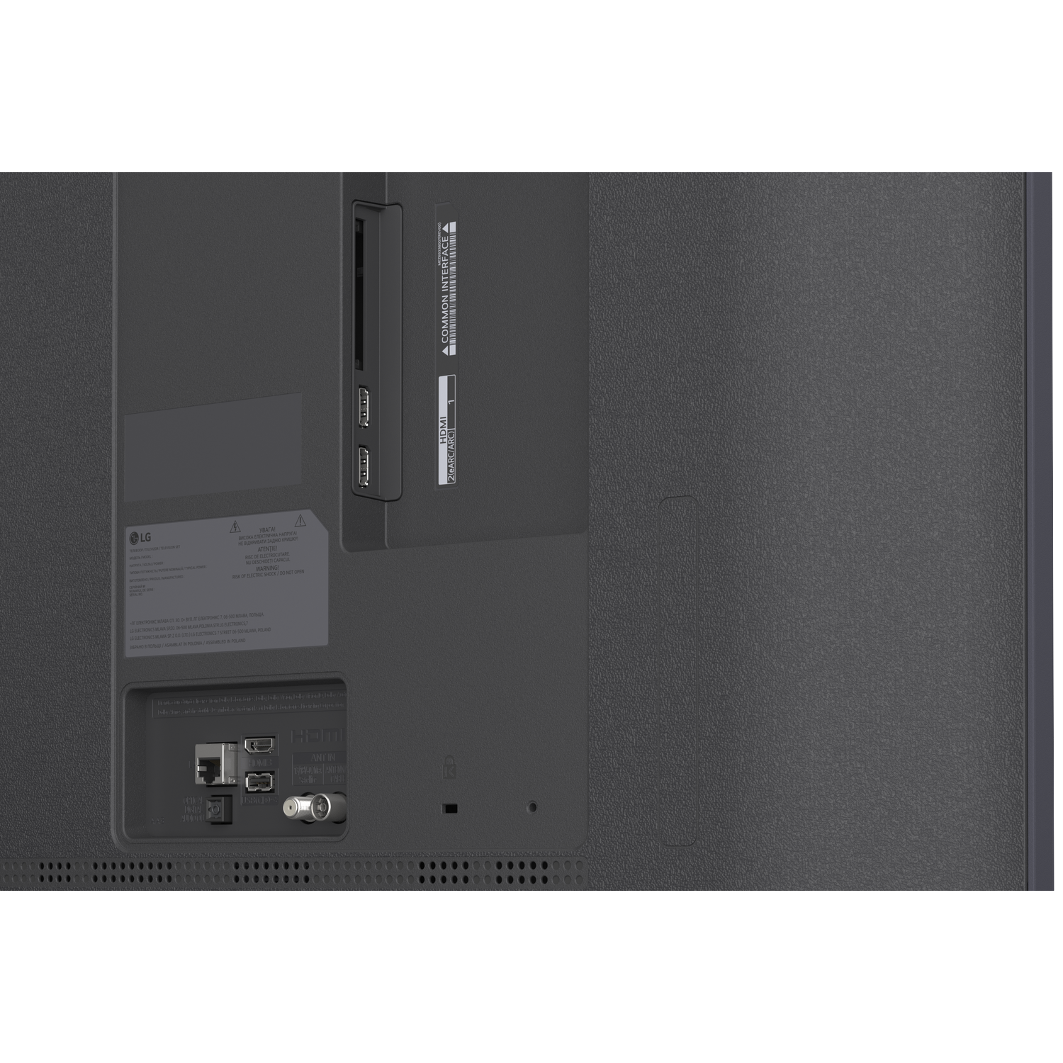 Achterkant van een tv met poorten zoals HDMI en antenne.