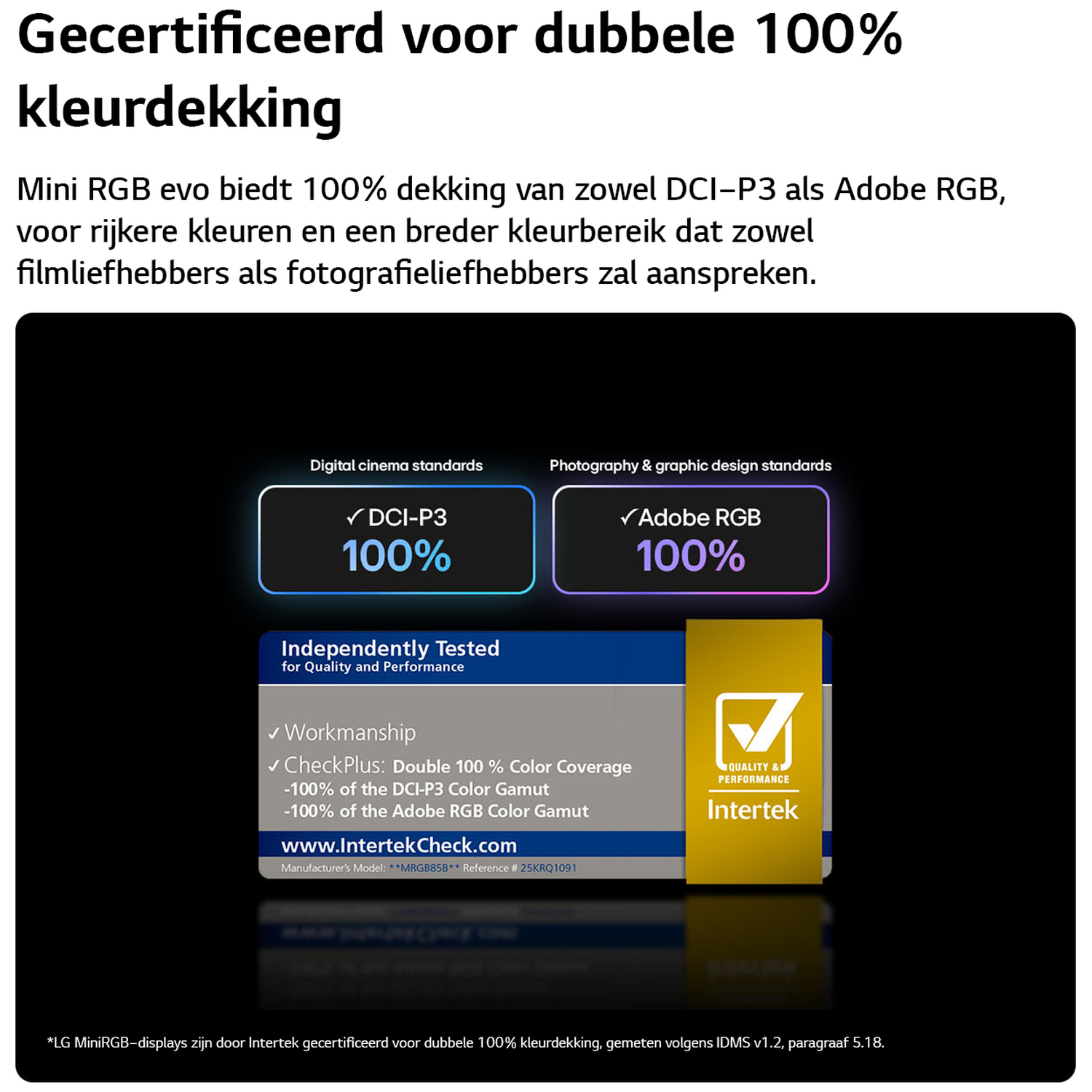 Gecertificeerd voor 100% DCI-P3 en Adobe RGB. Met Intertek keurmerk.