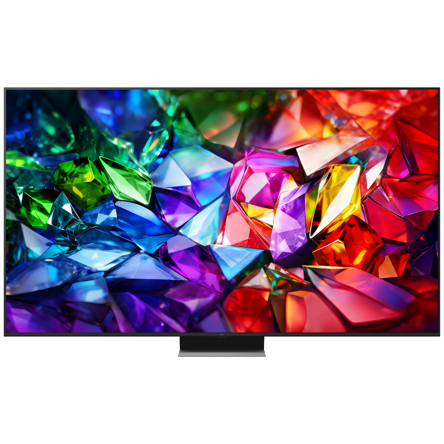 A modern TV displaying a colorful, faceted diamond pattern on screen with a black background.