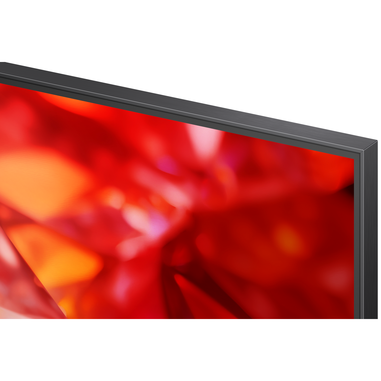A dark frame surrounds a screen displaying a blurred red and orange pattern.