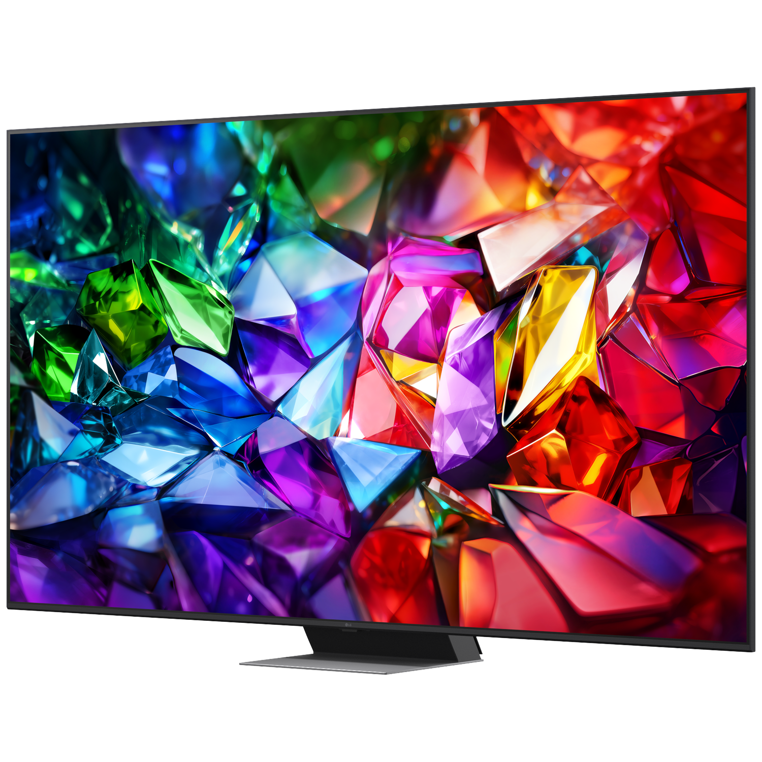 A modern television displays a vibrant, abstract image of colorful, faceted gemstones.