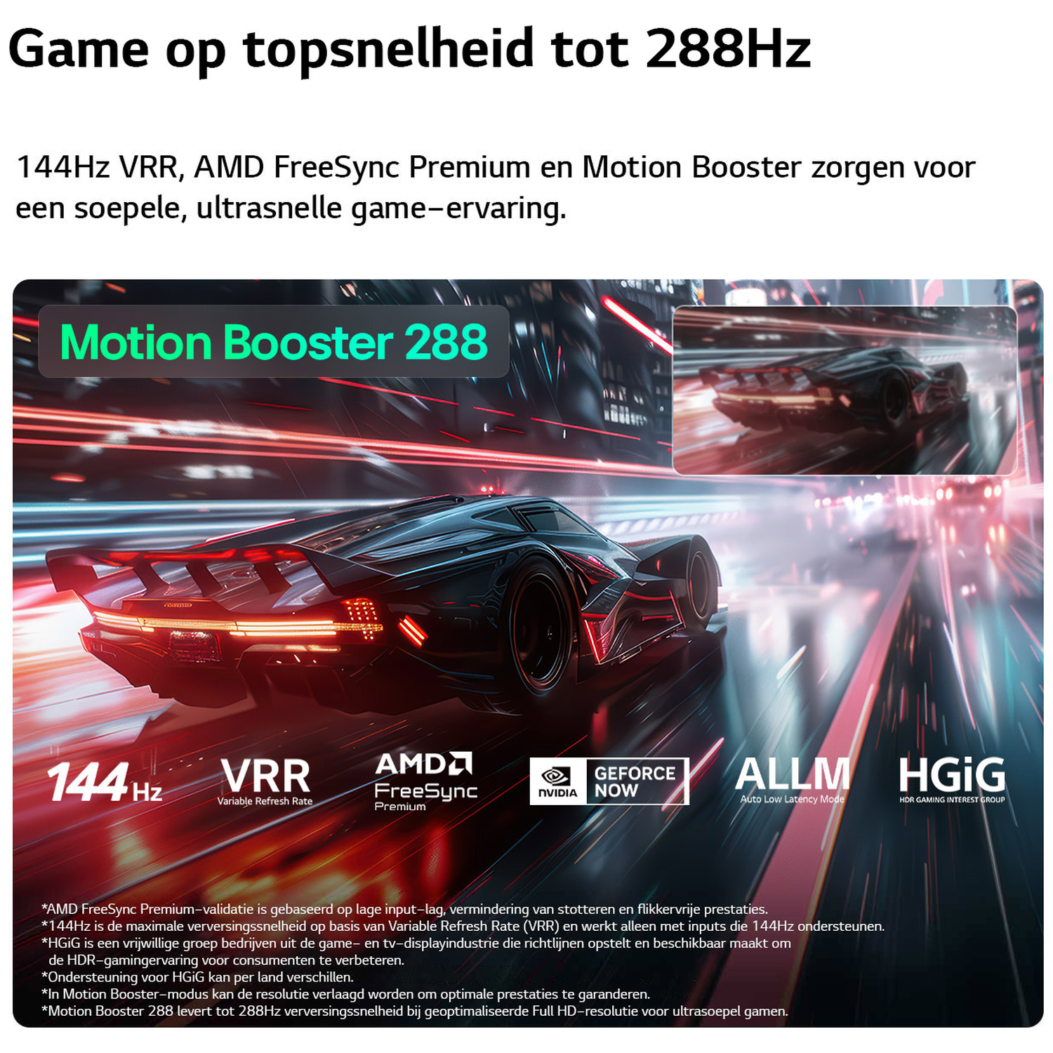 Een futuristische auto racet op een neonverlichte baan met "Motion Booster 288".