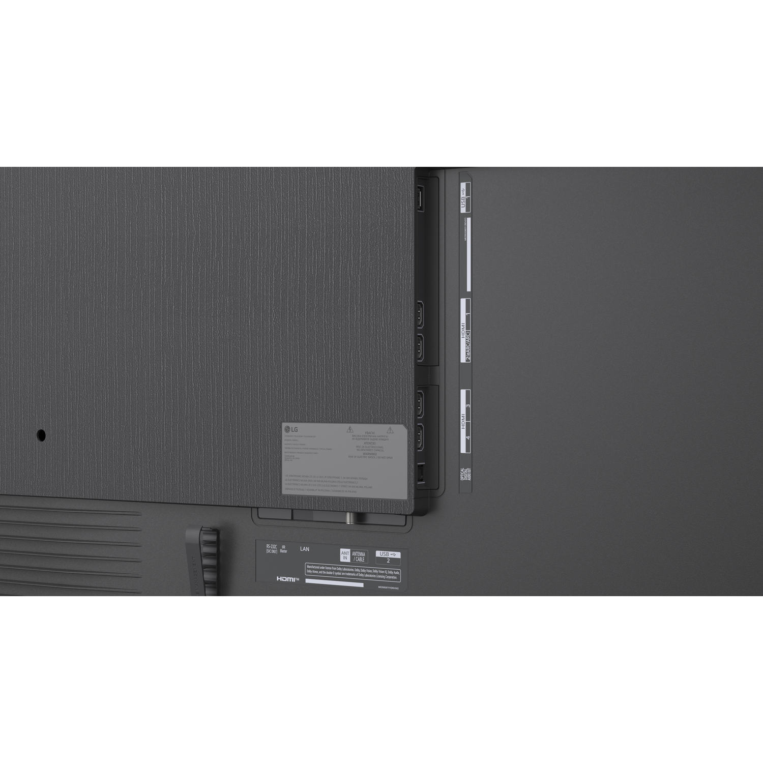 Back of a TV showing various ports including HDMI, USB, and LAN.