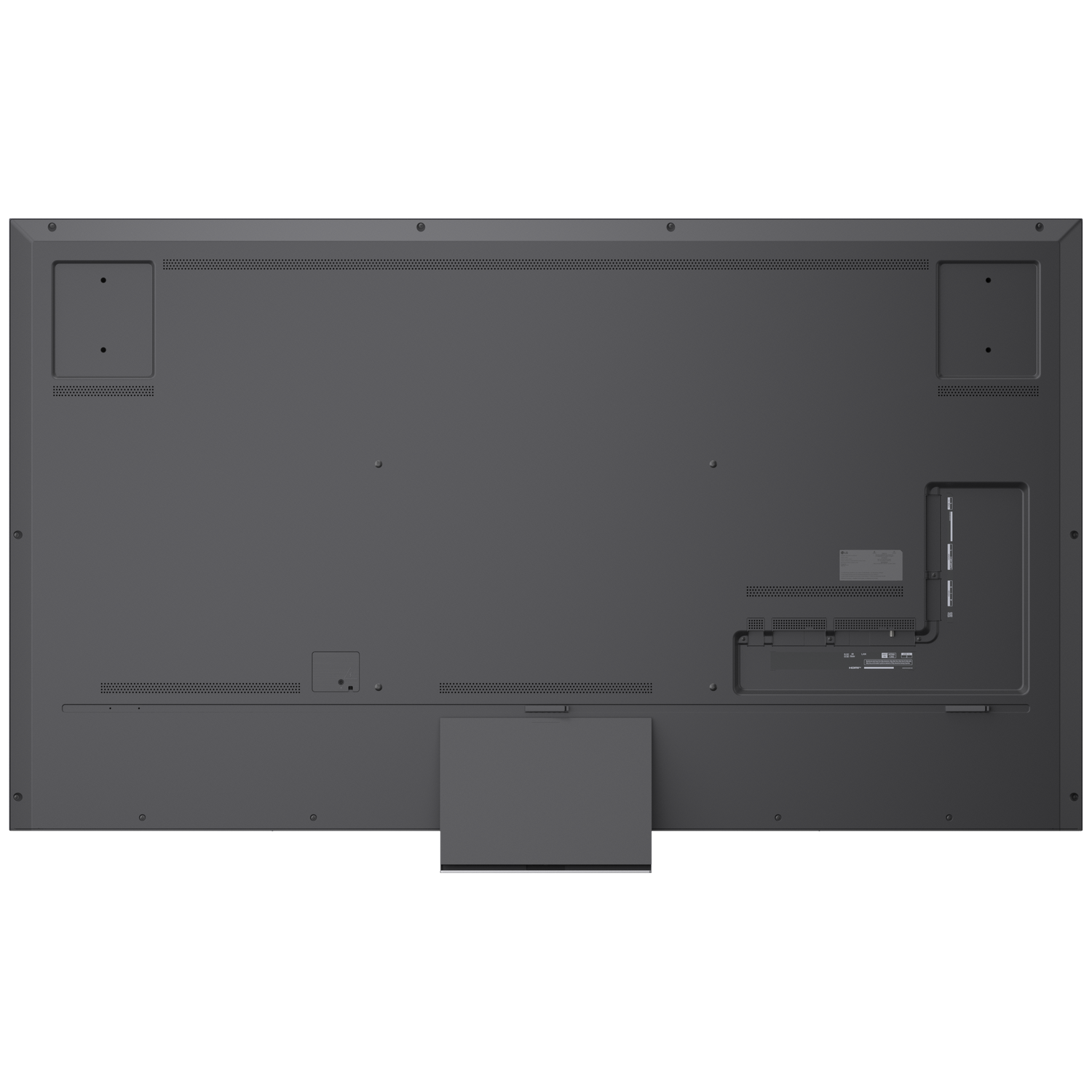 Back of a black television with ports and vents. Minimalist design.