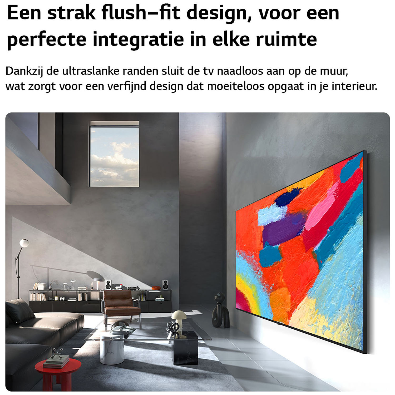 A modern living room with a large TV displaying abstract art on a gray wall.