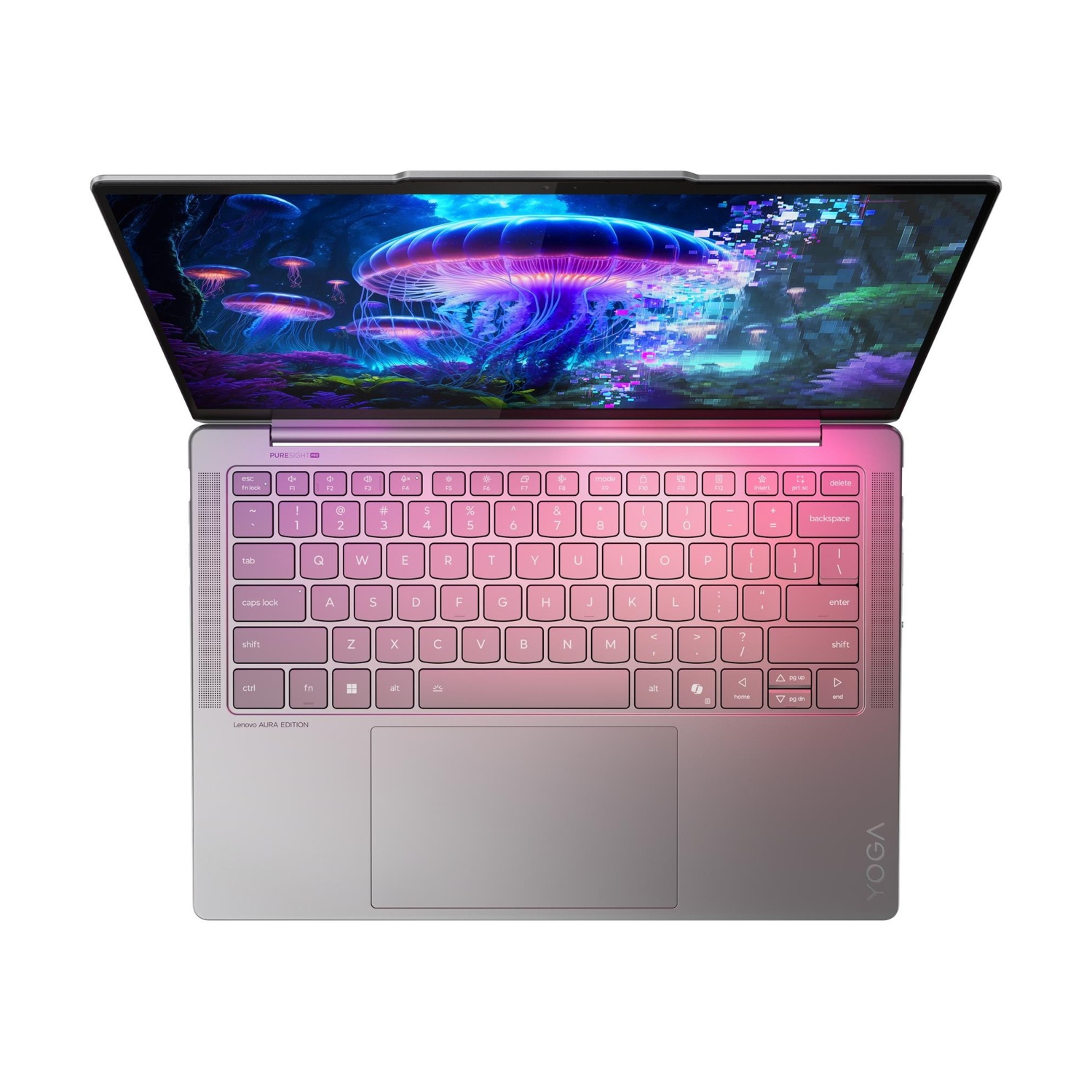 Un laptop aperto con tastiera rosa luminosa e uno sfondo di meduse sullo schermo.