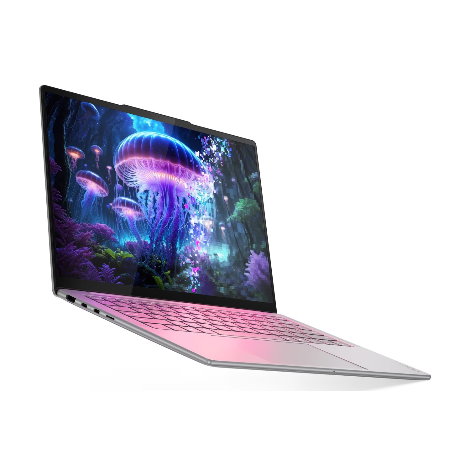 Un laptop rosa con uno sfondo di meduse vibrante sullo schermo.