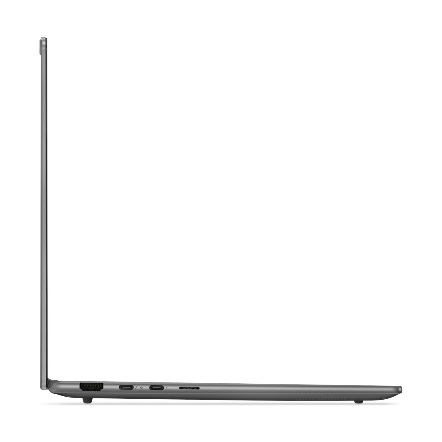 Laptop grigio visto di profilo con porte USB-C.