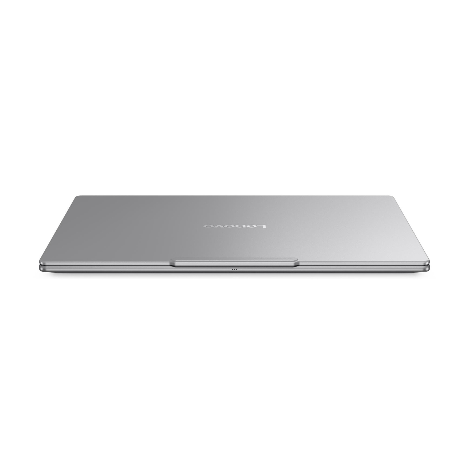 Laptop Lenovo argentato chiuso su sfondo bianco.