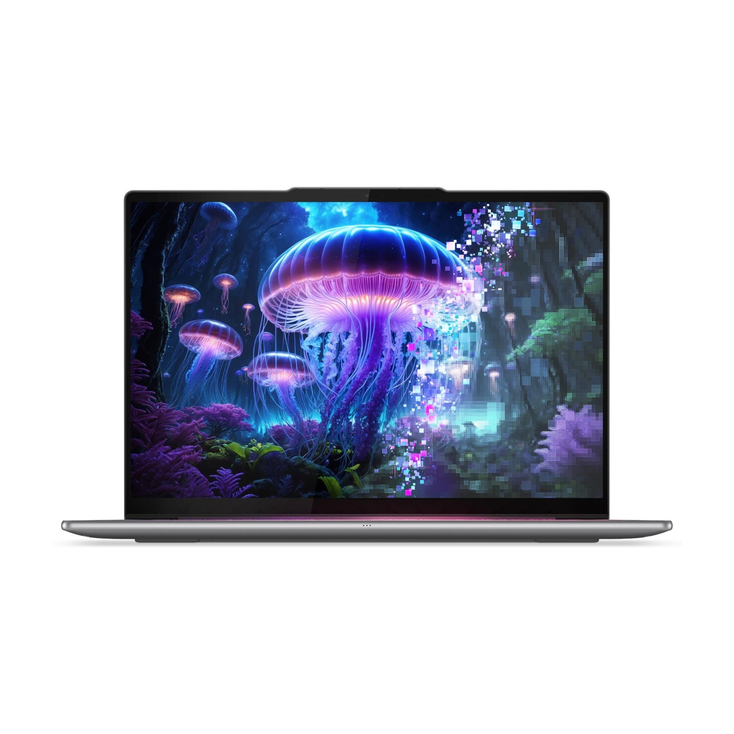 Un laptop mostra una foresta digitale sottomarina con meduse luminose.
