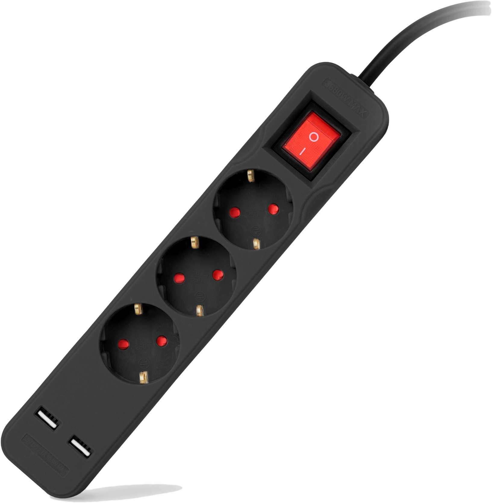 ENTAC Elosztó 3 foglalattal, kapcsolóval, 1,5m, 2 x USB, fekete (ESE1.5G3-1.5-SW-USB-B)