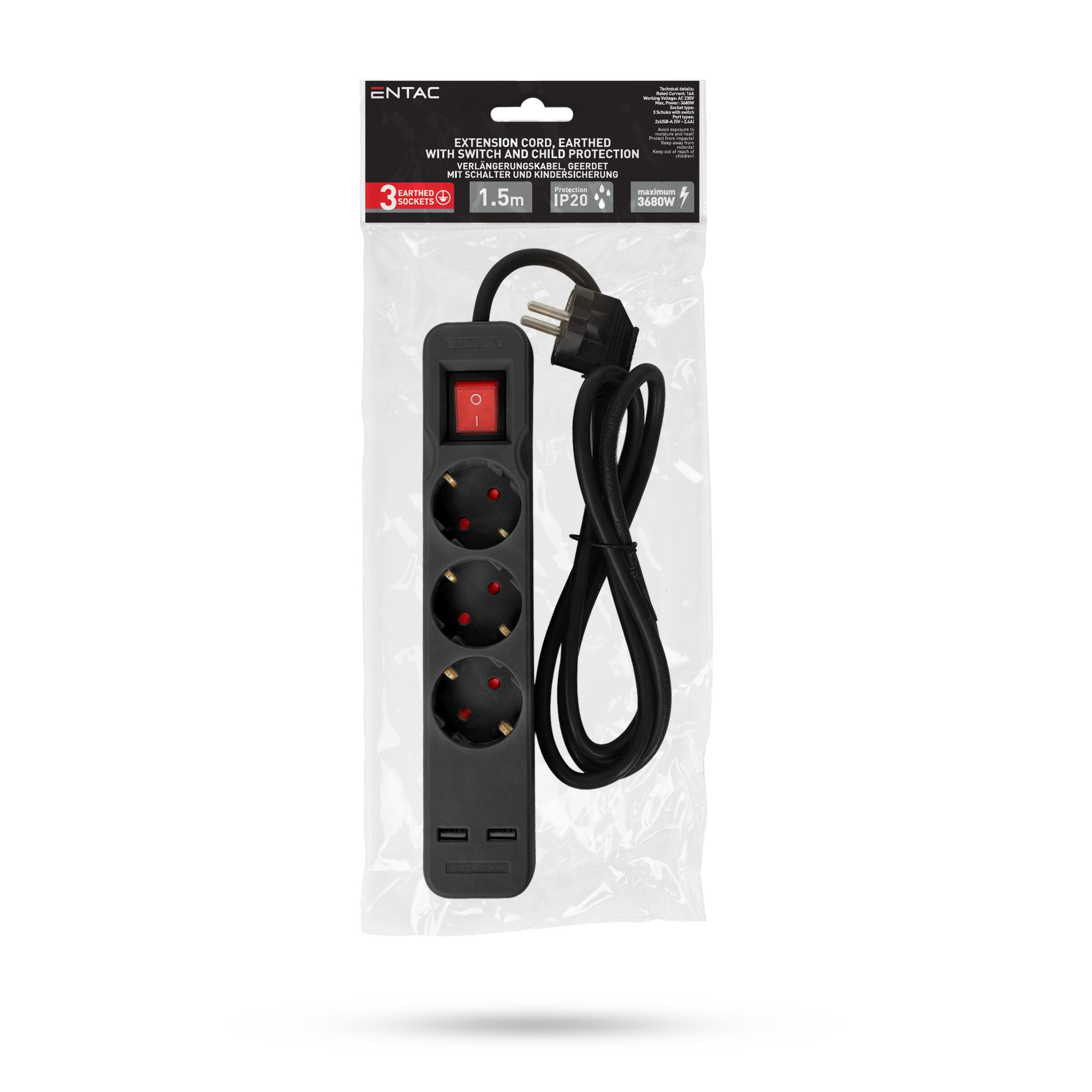 Fekete hosszabbító 3 aljzattal, kapcsolóval és USB portokkal.