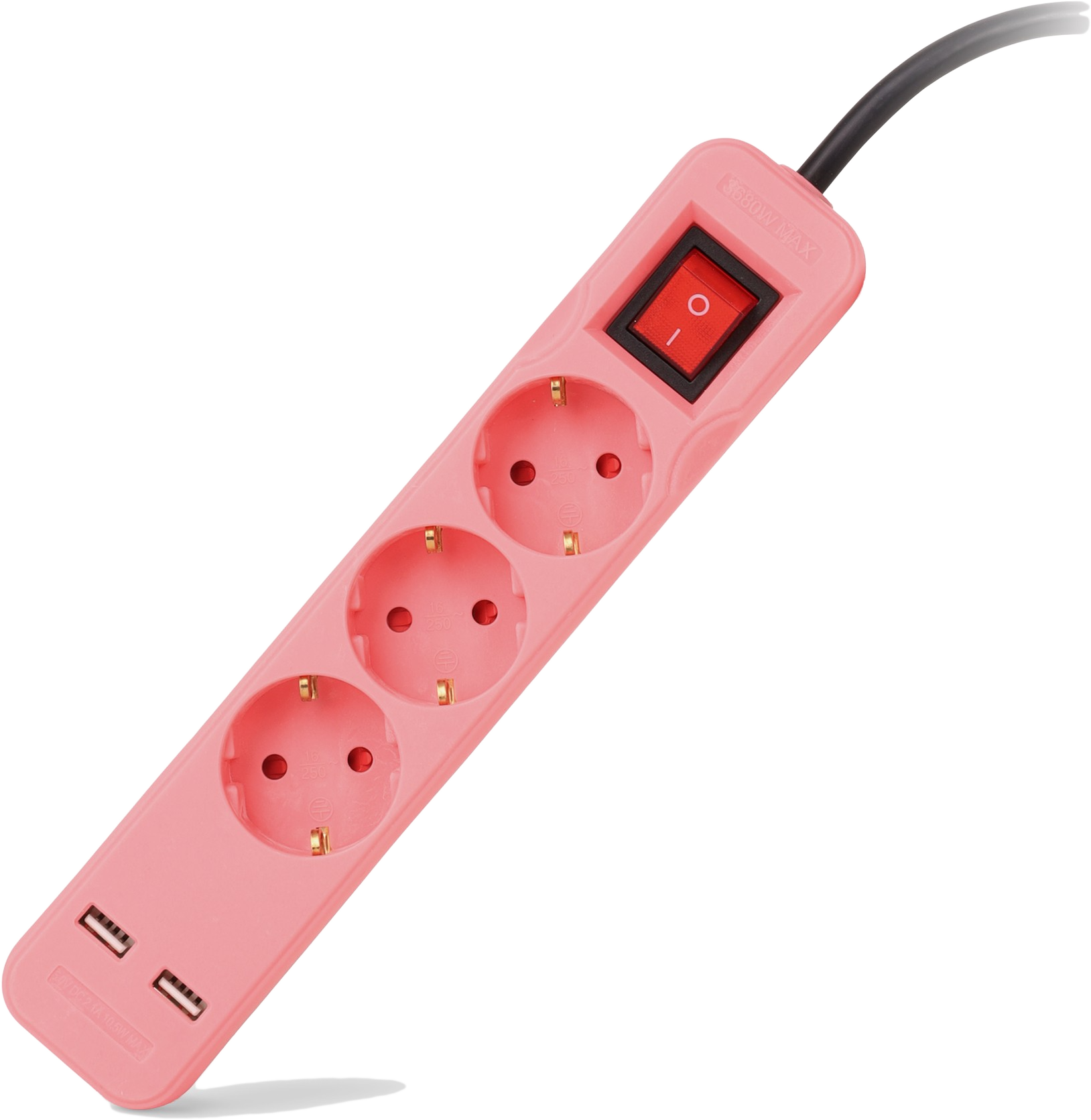 ENTAC Elosztó 3 foglalattal, kapcsolóval, 1,5m, 2 x USB, pink (ESE1.5G3-1.5-SW-USB-P)
