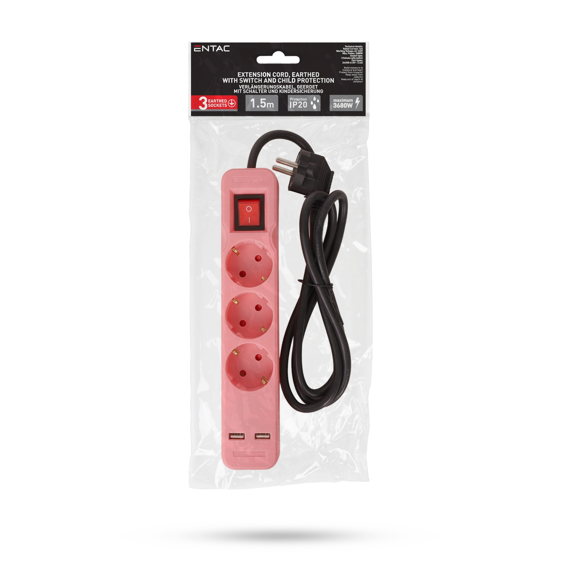 Egy rózsaszín hosszabbító kapcsolóval, 3 aljzattal és 2 USB porttal.