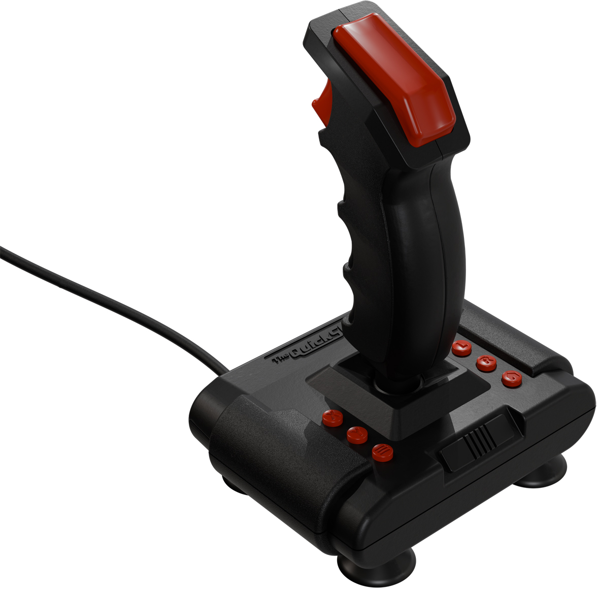 Ein schwarzer Joystick mit roten Knöpfen und Griff, verbunden mit einem Kabel.