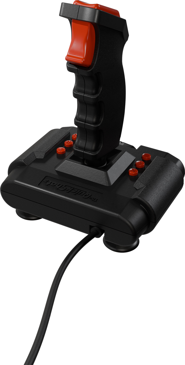 Schwarzer Joystick mit rotem Abzug und Tasten, mit Kabel.