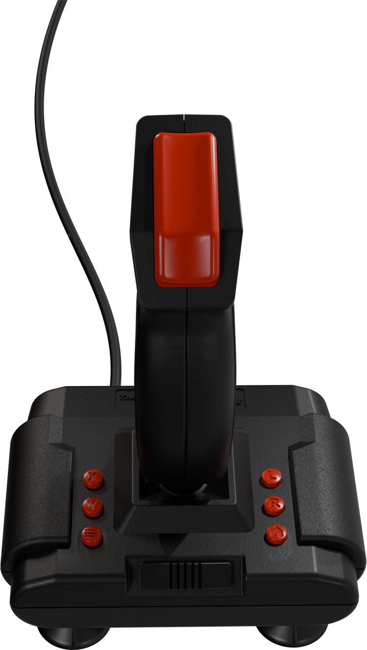 Ein schwarzer Joystick mit rotem Griff und roten Tasten, mit Kabel.
