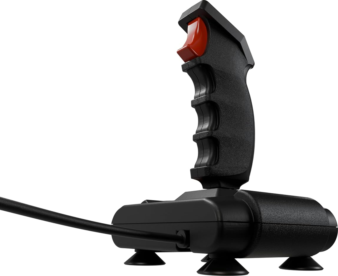 Ein schwarzer Joystick mit rotem Knopf und Saugfüßen auf weißem Hintergrund.