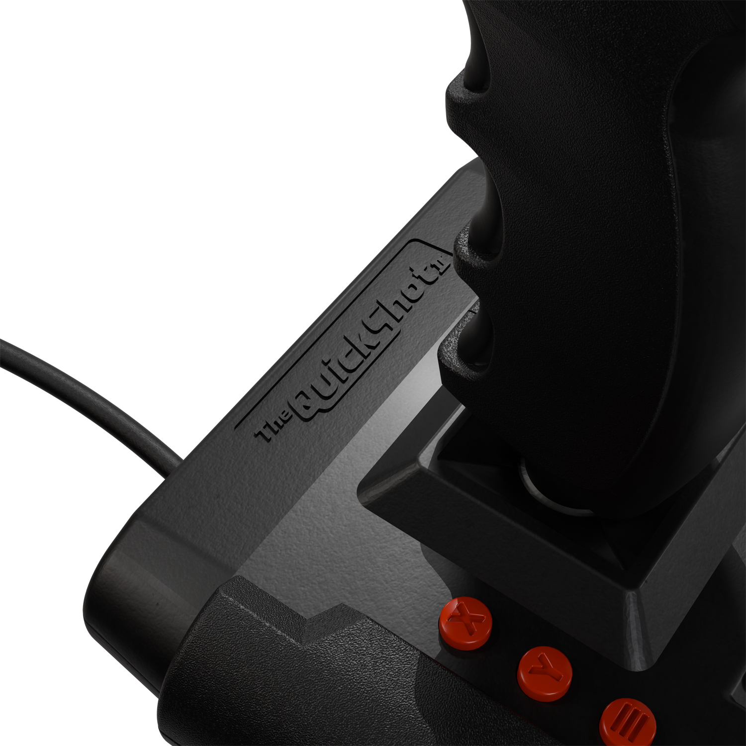 Ein schwarzer Joystick mit roten Knöpfen und dem Schriftzug "The QuickShot".