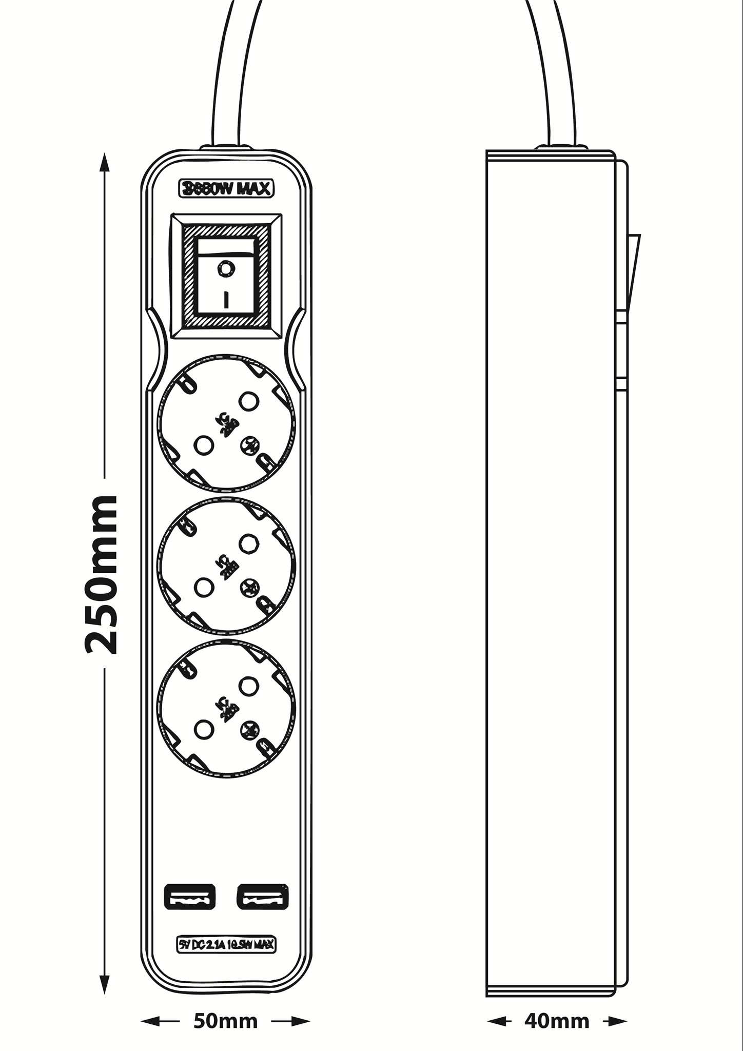 Egy fekete elosztó három aljzattal, két USB porttal és egy kapcsolóval. Méretek láthatók.