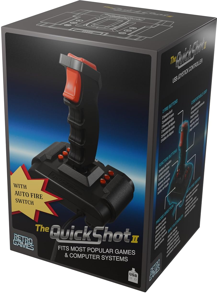 Verpackung eines schwarzen Joysticks mit rotem Griff und vielen Tasten.