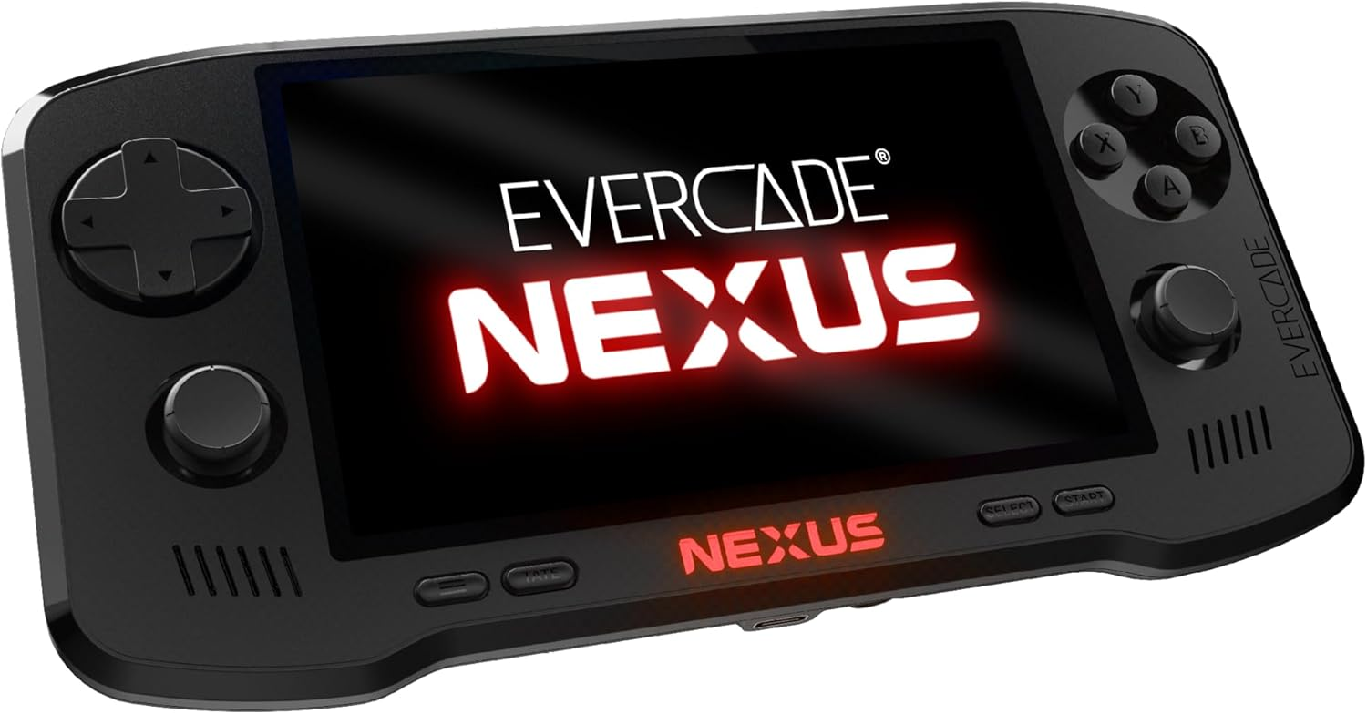 Console de jeu portable noire Evercade Nexus avec croix directionnelle et boutons noirs.