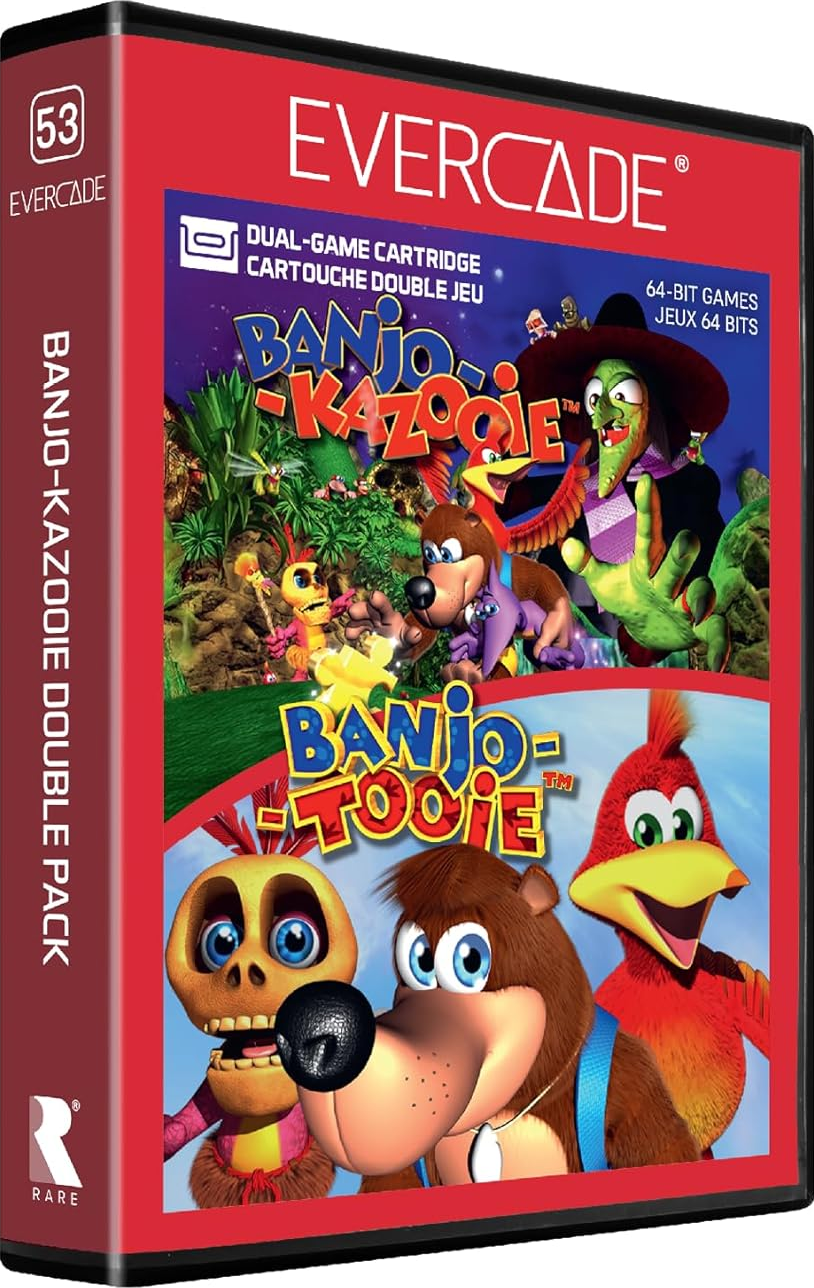 Boîtier de jeu Evercade avec Banjo-Kazooie et Banjo-Tooie. Personnages : Banjo, Kazooie et Mumbo.