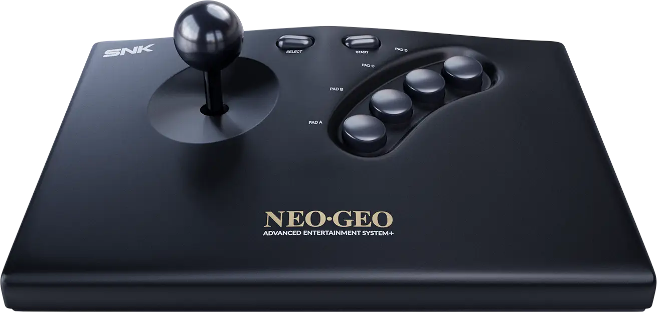 Ein schwarzer SNK Neo Geo Joystick mit Ballgriff und vier runden Tasten.