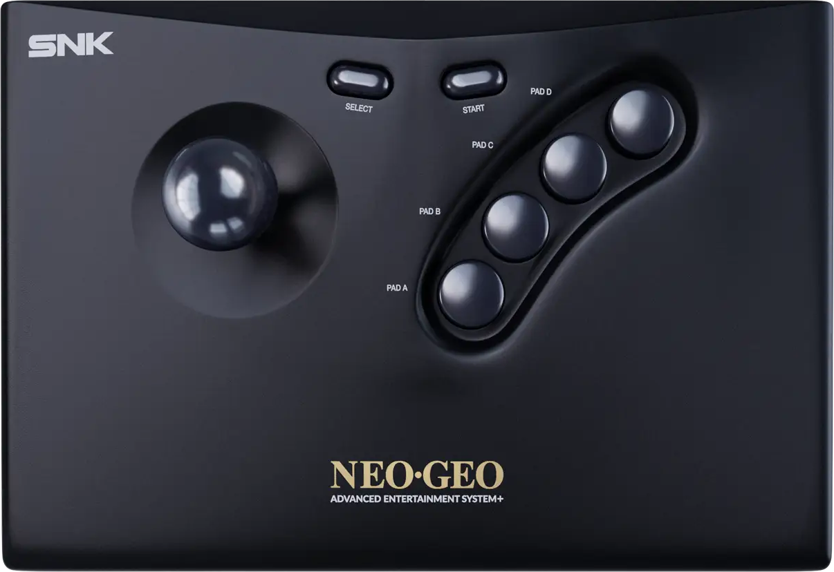 Schwarzer SNK Neo Geo Controller mit Joystick und vier runden Knöpfen.