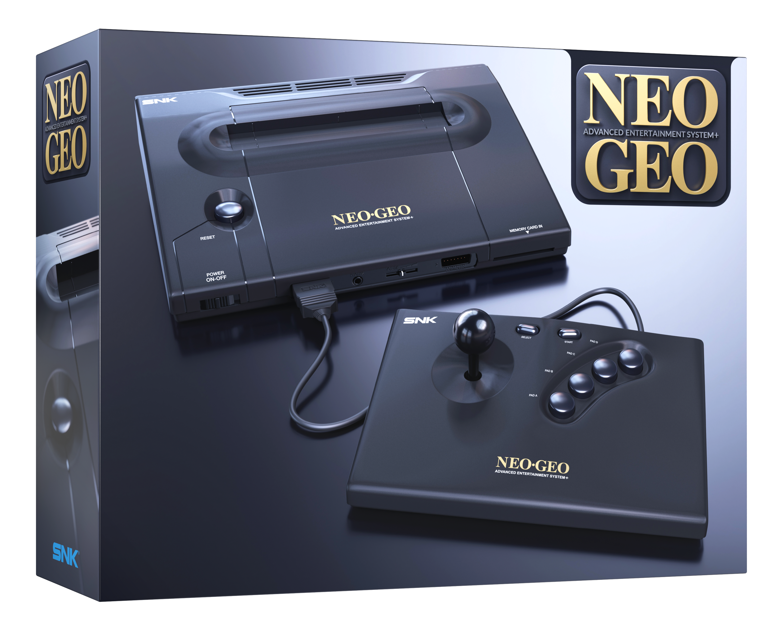 Console Neo Geo nera con controller, cavo e confezione.