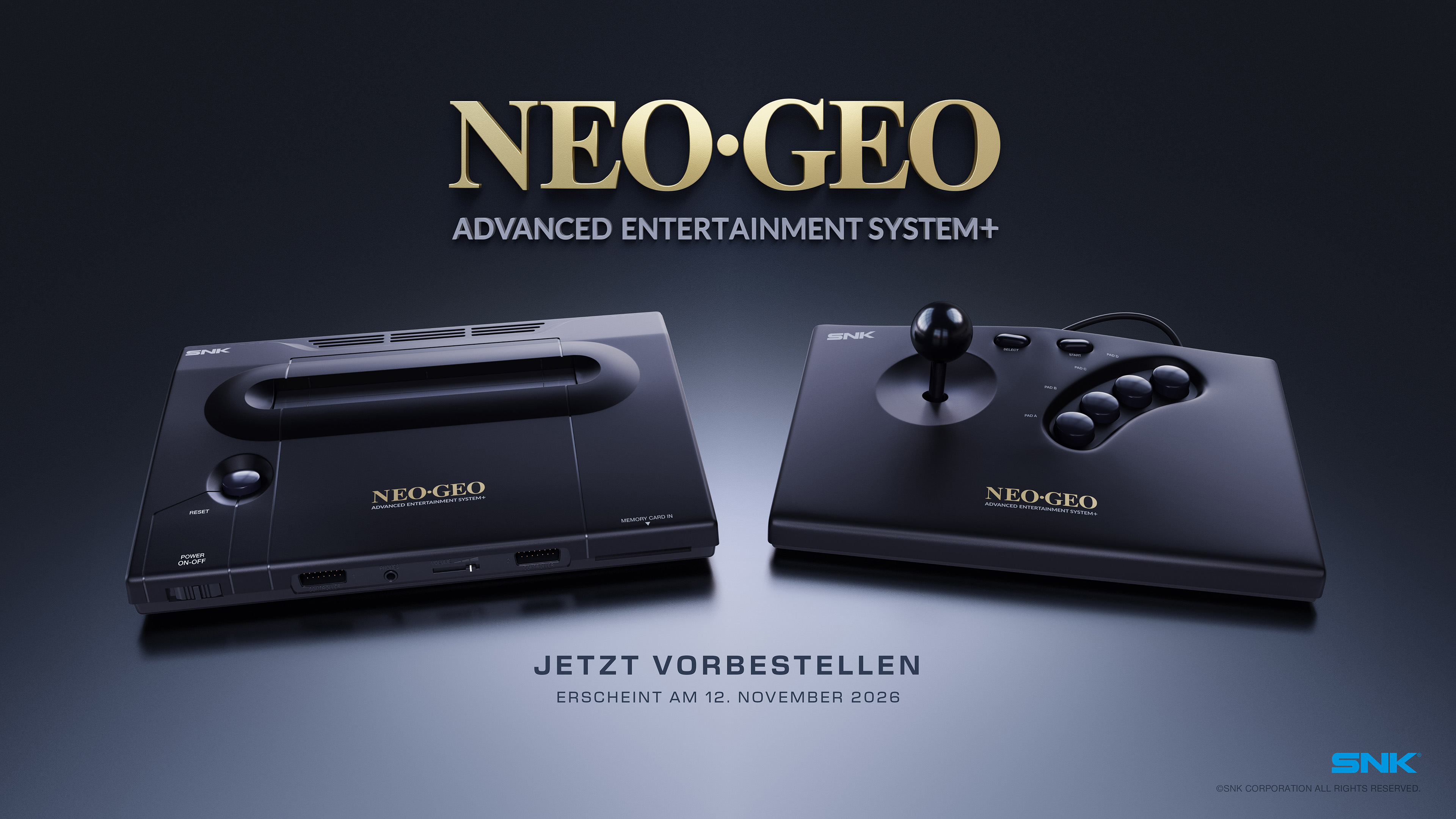 Console Neo Geo e stick arcade su sfondo scuro, con testo.