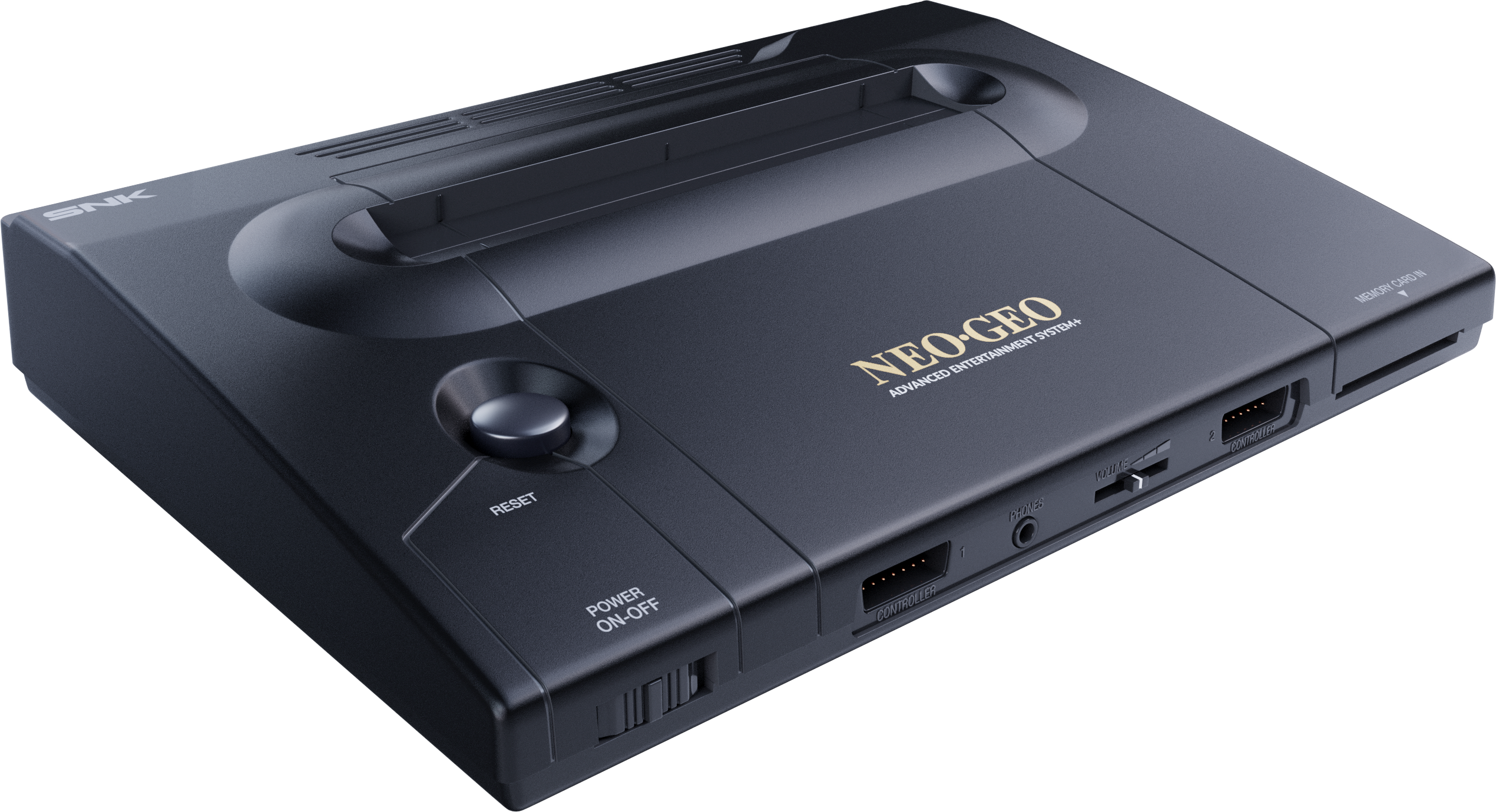Console Neo Geo grigio scuro con logo SNK, pulsante reset e porte.