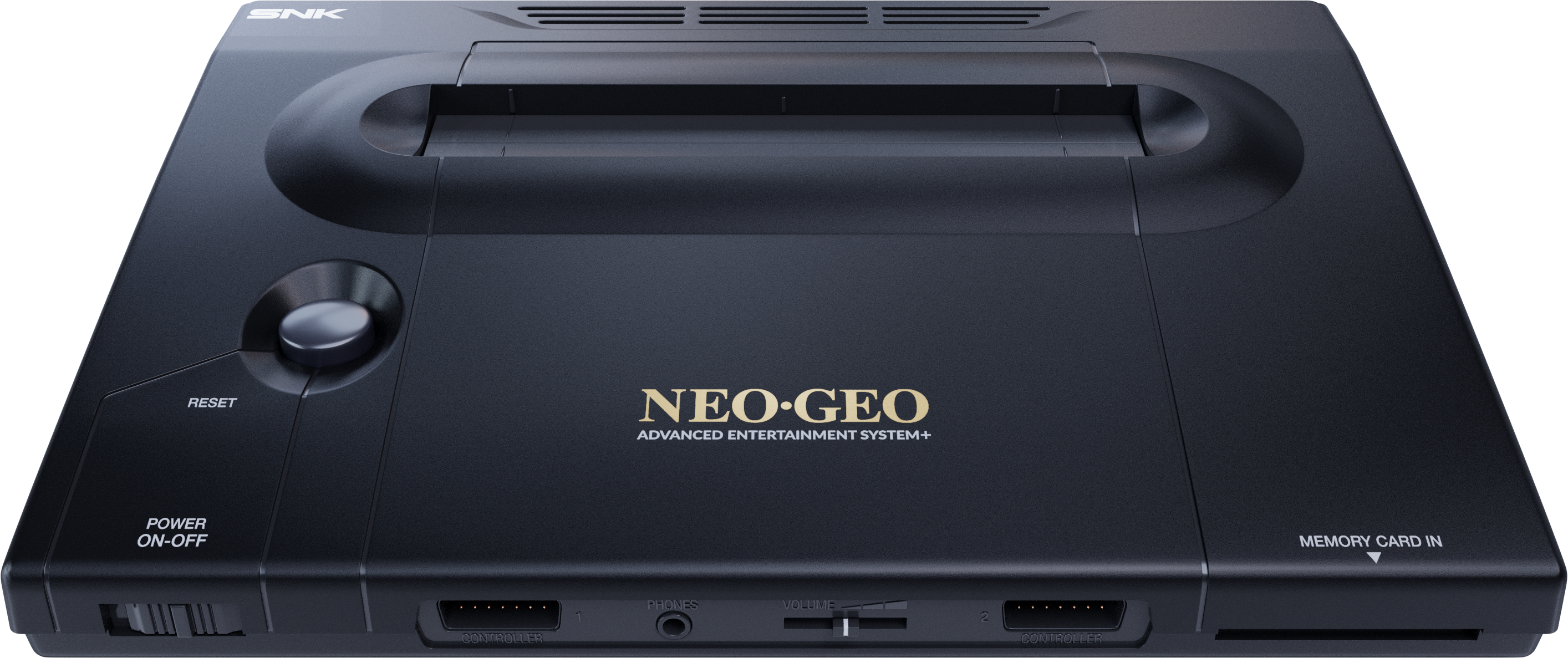 Console SNK Neo Geo nera con pulsanti reset, power, porte controller e memory card.