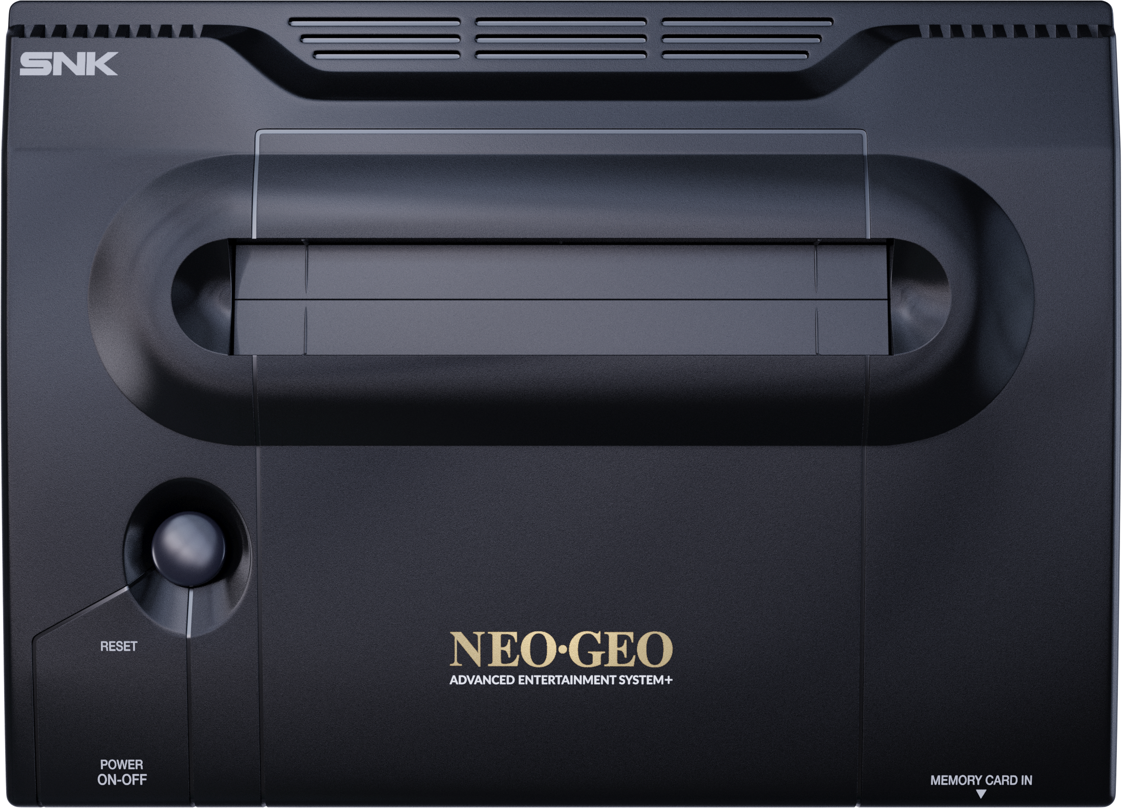 Console NEO-GEO nera con logo SNK, pulsanti Reset e Power.
