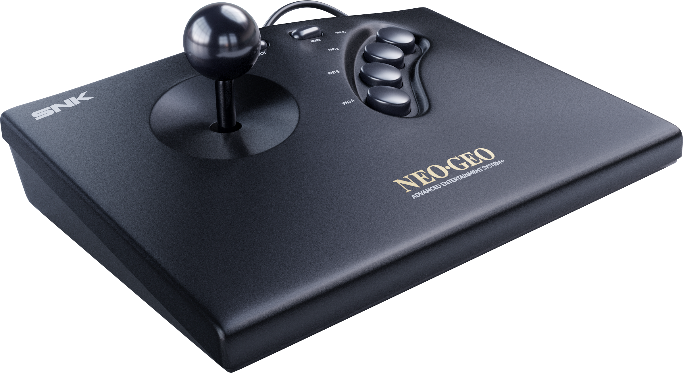 Joystick arcade Neo Geo nero con logo SNK e quattro pulsanti.