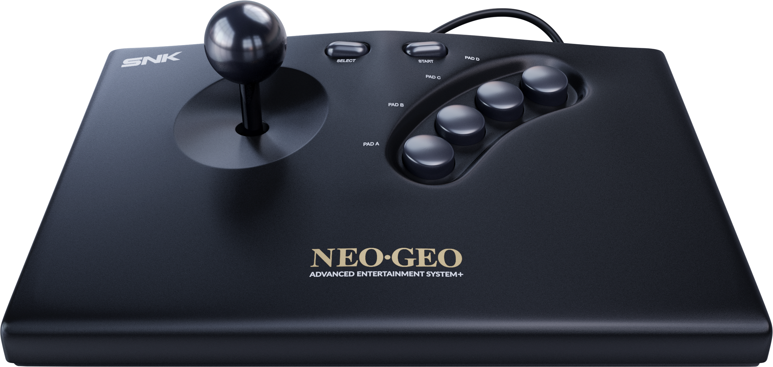 Joystick SNK Neo Geo nero con joystick, pulsanti ed etichette.