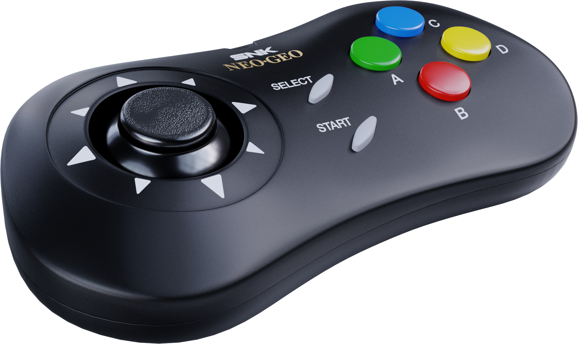 Ein schwarzer SNK Neo-Geo Controller mit Joystick, vier farbigen Knöpfen und Start/Select.