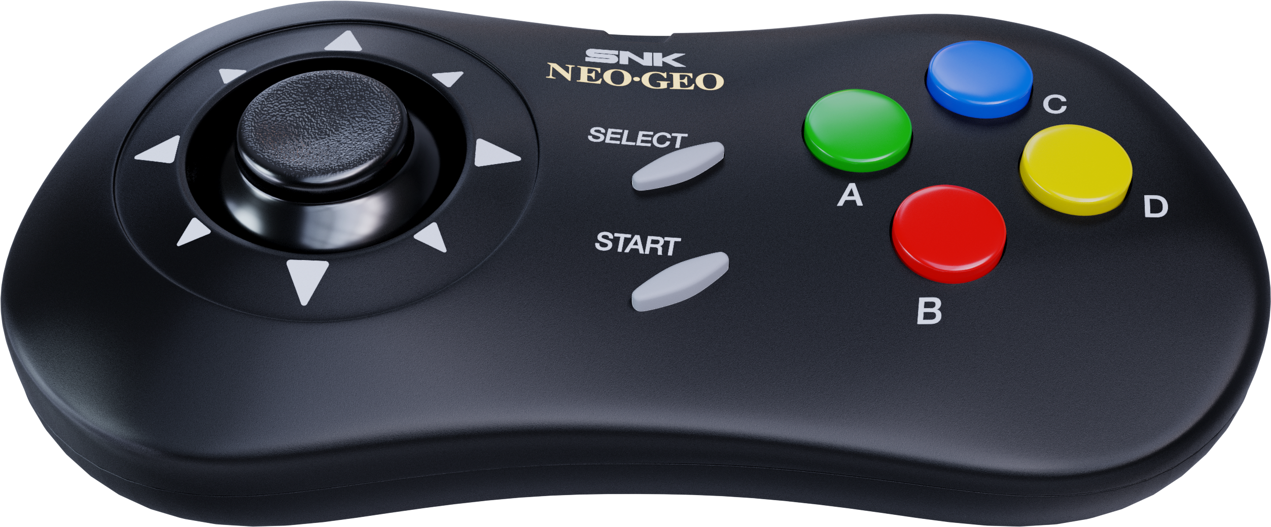 Ein schwarzer Neo Geo Controller mit Joystick, Select/Start-Tasten und bunten A/B/C/D-Knöpfen.
