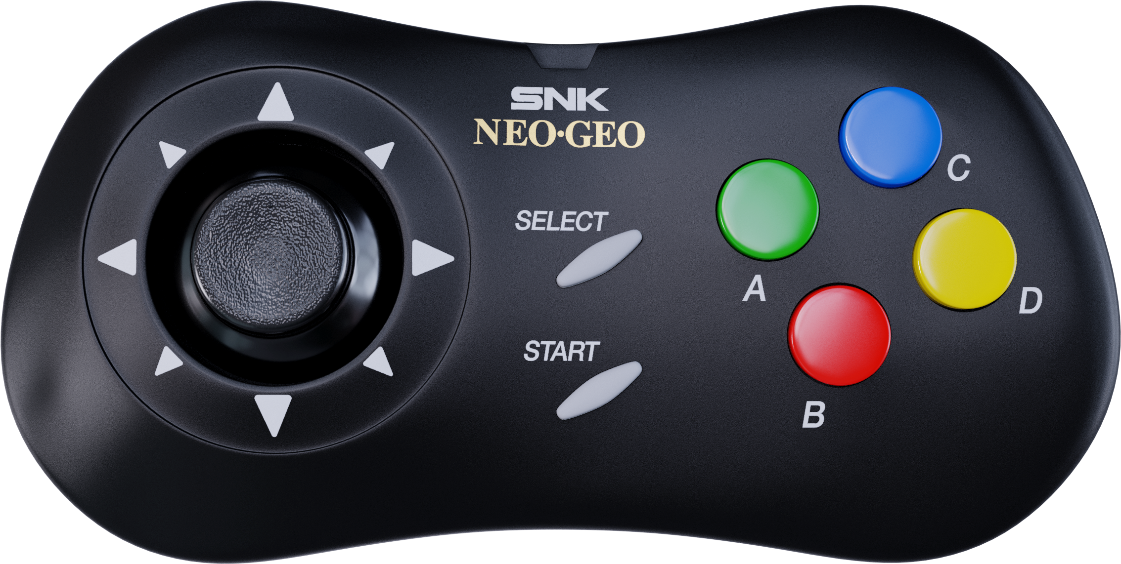 Ein schwarzer SNK Neo-Geo Controller mit Joystick, A, B, C, D, Select und Start Tasten.