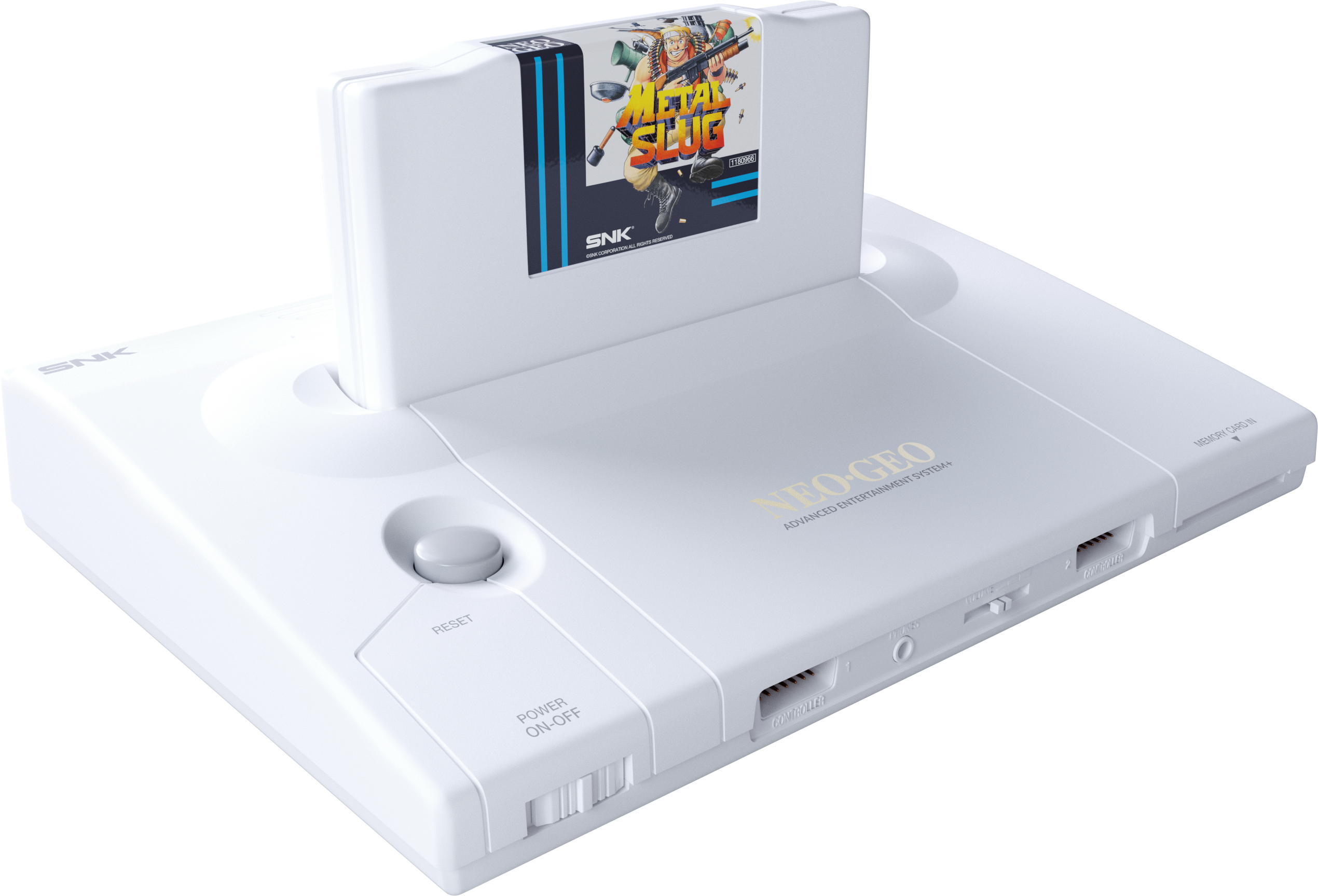 Una console Neo Geo bianca con cartuccia di gioco "Metal Slug" inserita.