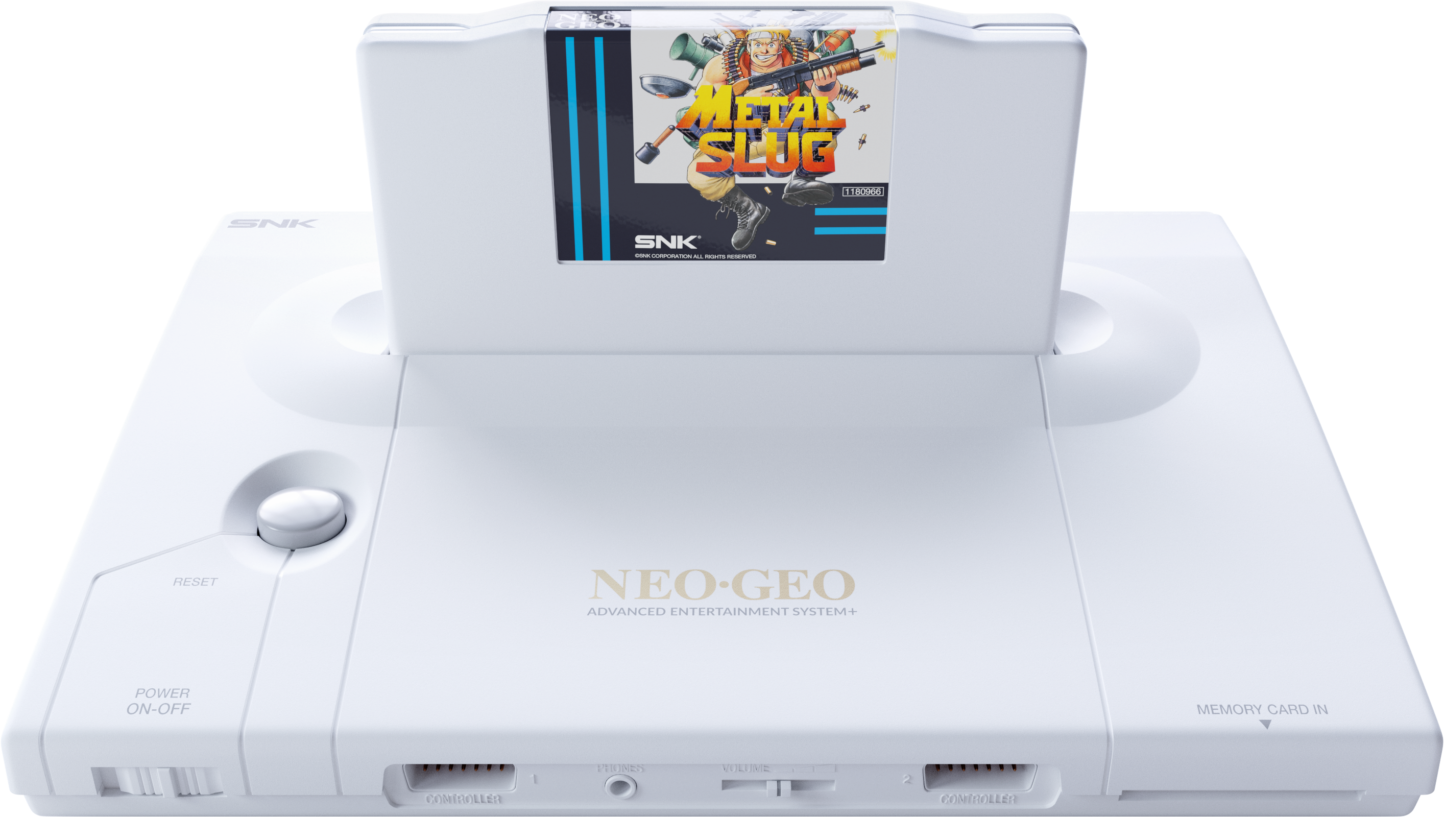 Una console Neo Geo bianca con inserita una cartuccia di gioco "Metal Slug".